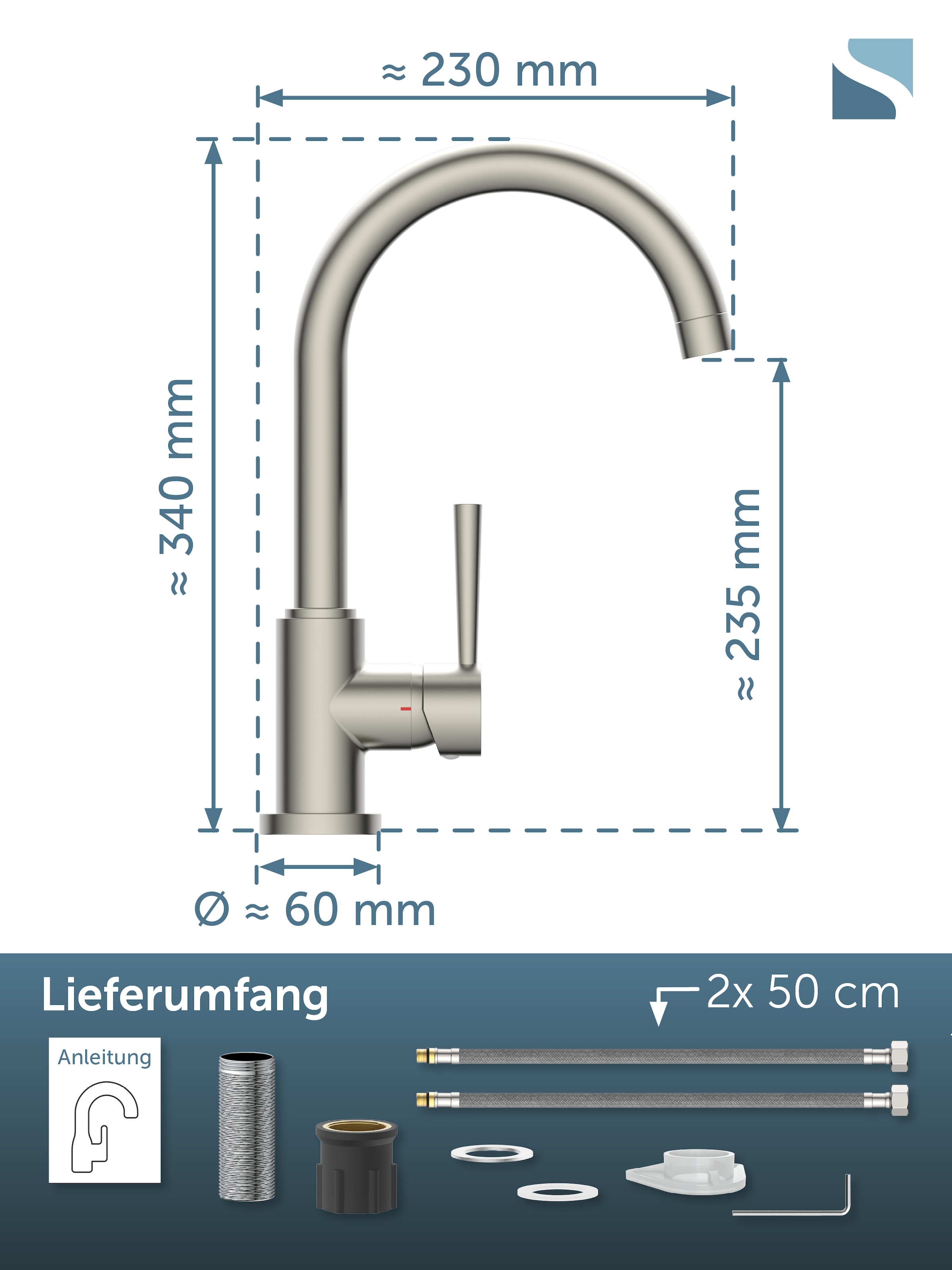 Schütte Spültischarmatur »CORNWALL« Küchenarmatur, rund, Cold-Start, 360° schwenkbar, Marken-Mischdüse