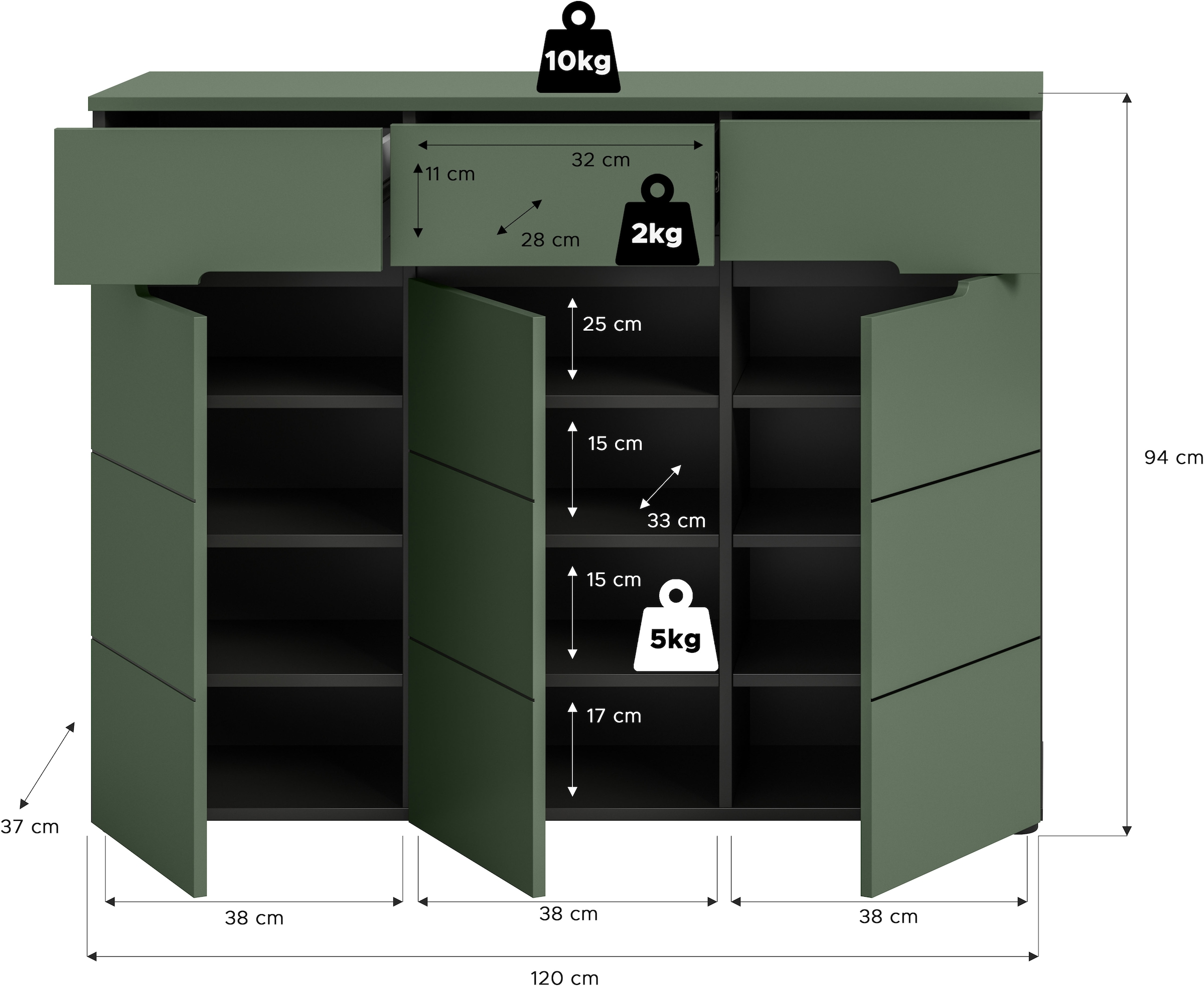 Home affaire Garderobenschrank »REHAT, TOPSELLER!, Breite 120 cm, 3 Türen, 3 Schubkästen, 12 Fächer« in verschiedenen Farben erhältlich, Platz für ca. 24 Paar Schuhe, 1 Stk. tlg. Schuhschrank, Kommode, Schuhkommode, Anrichte, Sideboard
