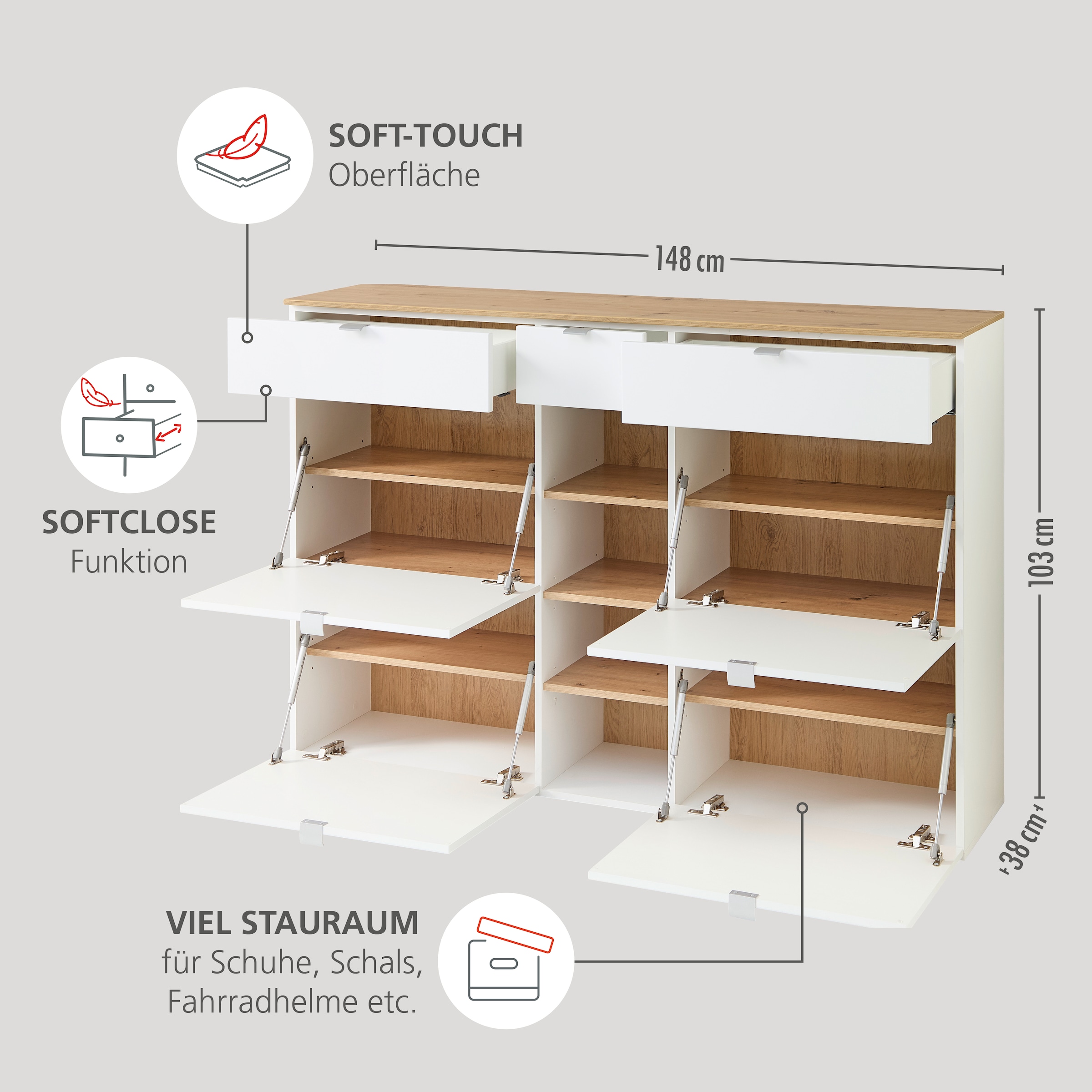 Innostyle Schuhschrank »Bari Schuhschrank mit Schubkästen, BxHxT 7148x103x38 cm« 1 Stk. tlg. 4 Klappen, 12 Fächer, Softclose, ABS Kantenschutz
