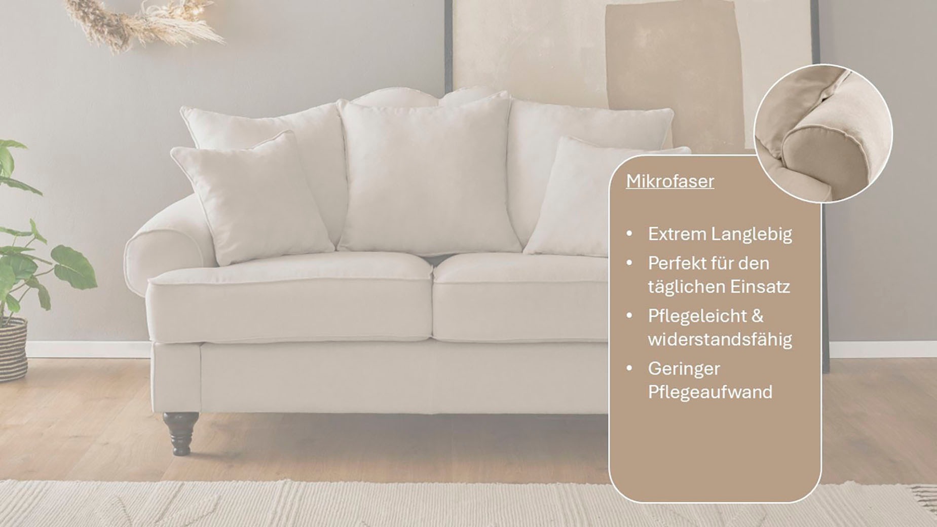 OTTO home 2-Sitzer »Westminster, Sofa im Landhausstil, Couch mit Zierkissen« Federkern-Polsterung, gedrechselter Fuß, hochwertiger Microfaserbezug