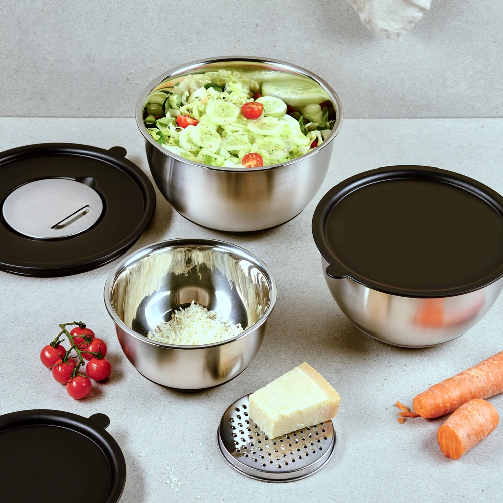 KESPER® Rührschüssel »Schüssel-Set mit Deckel, inklusive 3 Reiben« 9 Stk. aus Edelstahl 18 x 9 cm / 22 x 11,2 cm / 26 x 13,5 cm