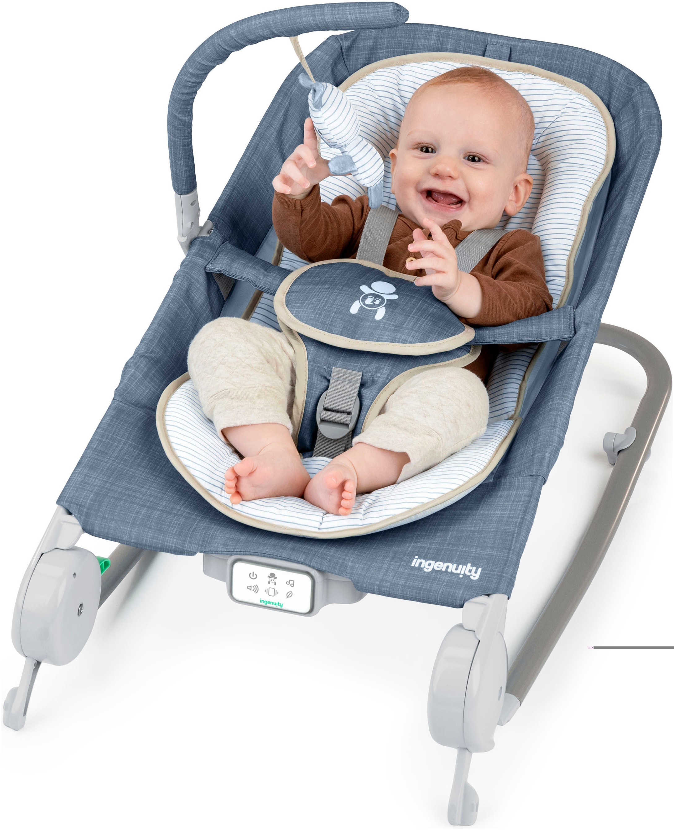 ingenuity Babywippe »Happy Belly™ Rock-to-Bounce Massage Seat - Chambray«, bis 9 kg, mit Melodien und Geräuschen