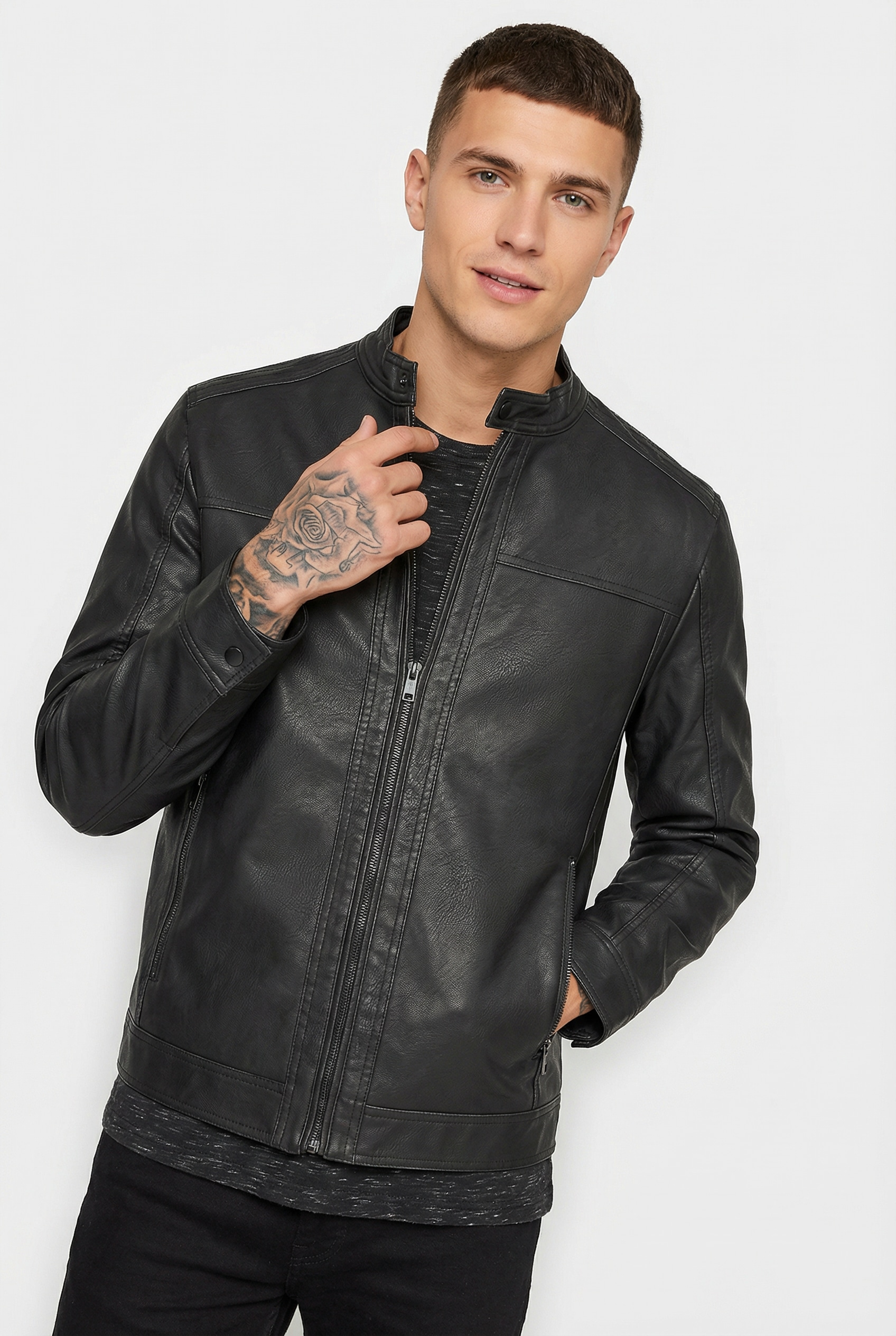 Jack & Jones Lederimitatjacke »JJEWARNER WASHED PU JACKET NOOS« ohne Kapuze mit Bandkragen