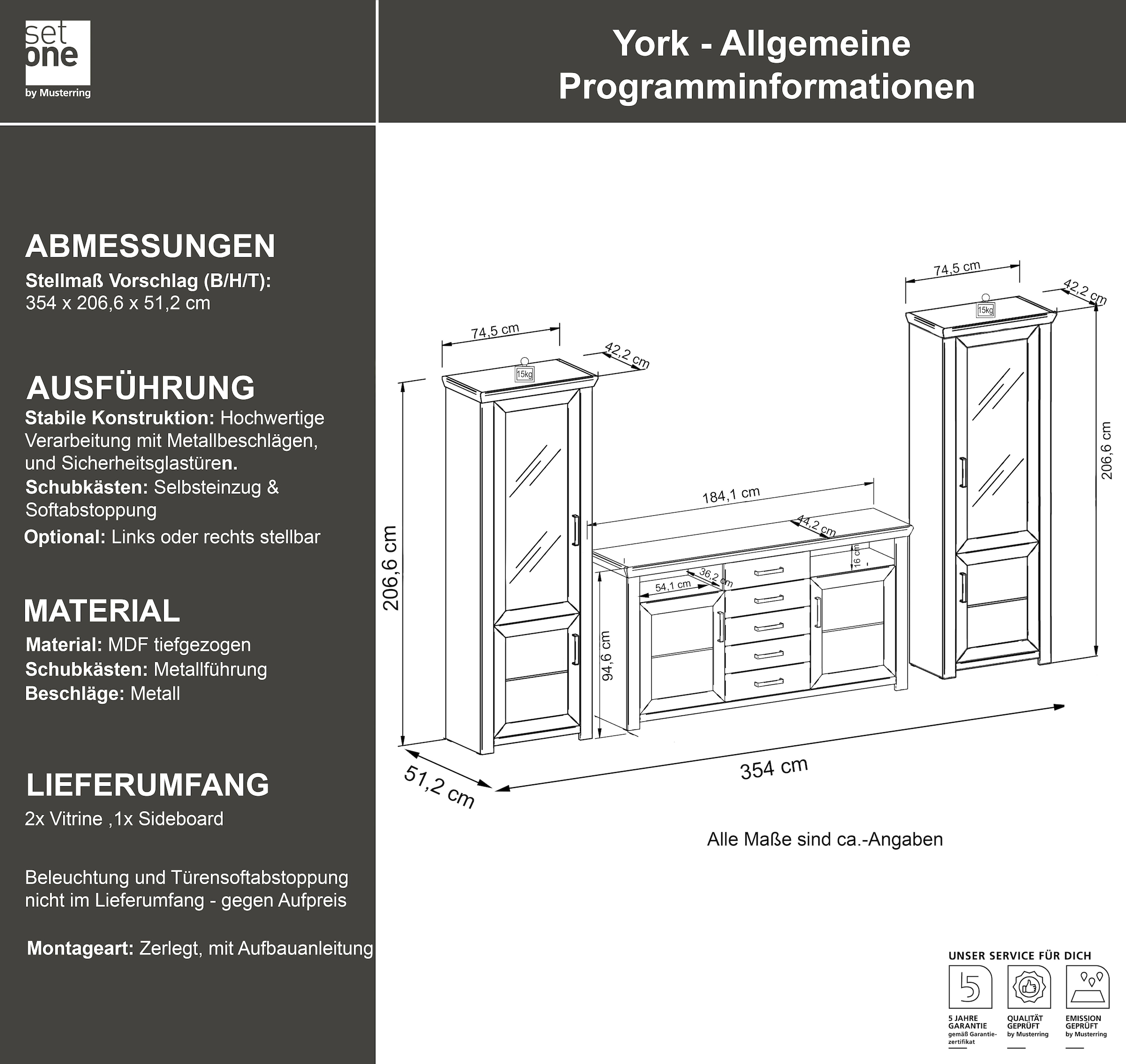 set one by Musterring Wohnwand »York« Set, 3 Stk. tlg. Kombination 05, in 3 Farbvarianten, Gesamtbreite 354 cm