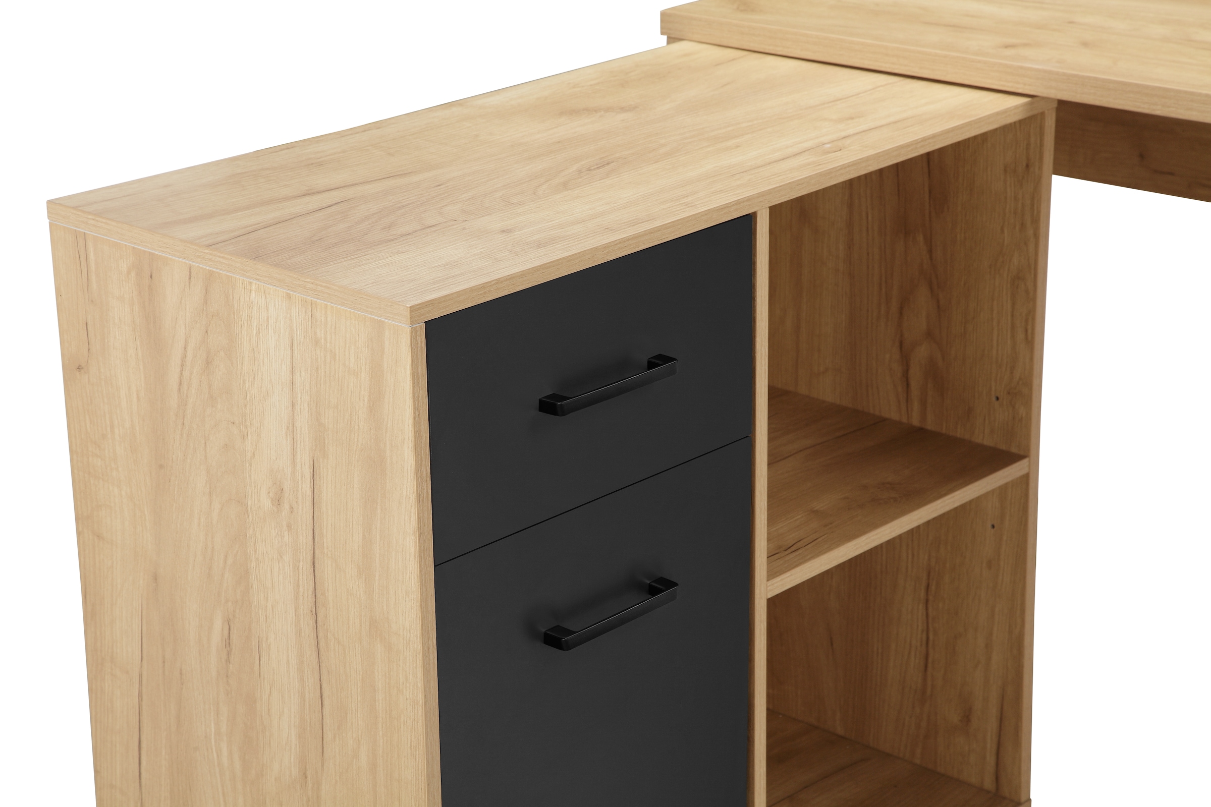 Places of Style Eckschreibtisch »Moid, Computertisch, Kabeldurchlass, mit Regalfächern,«, Schublade und Tür, flexibles Regalelement, 140x82-115 cm