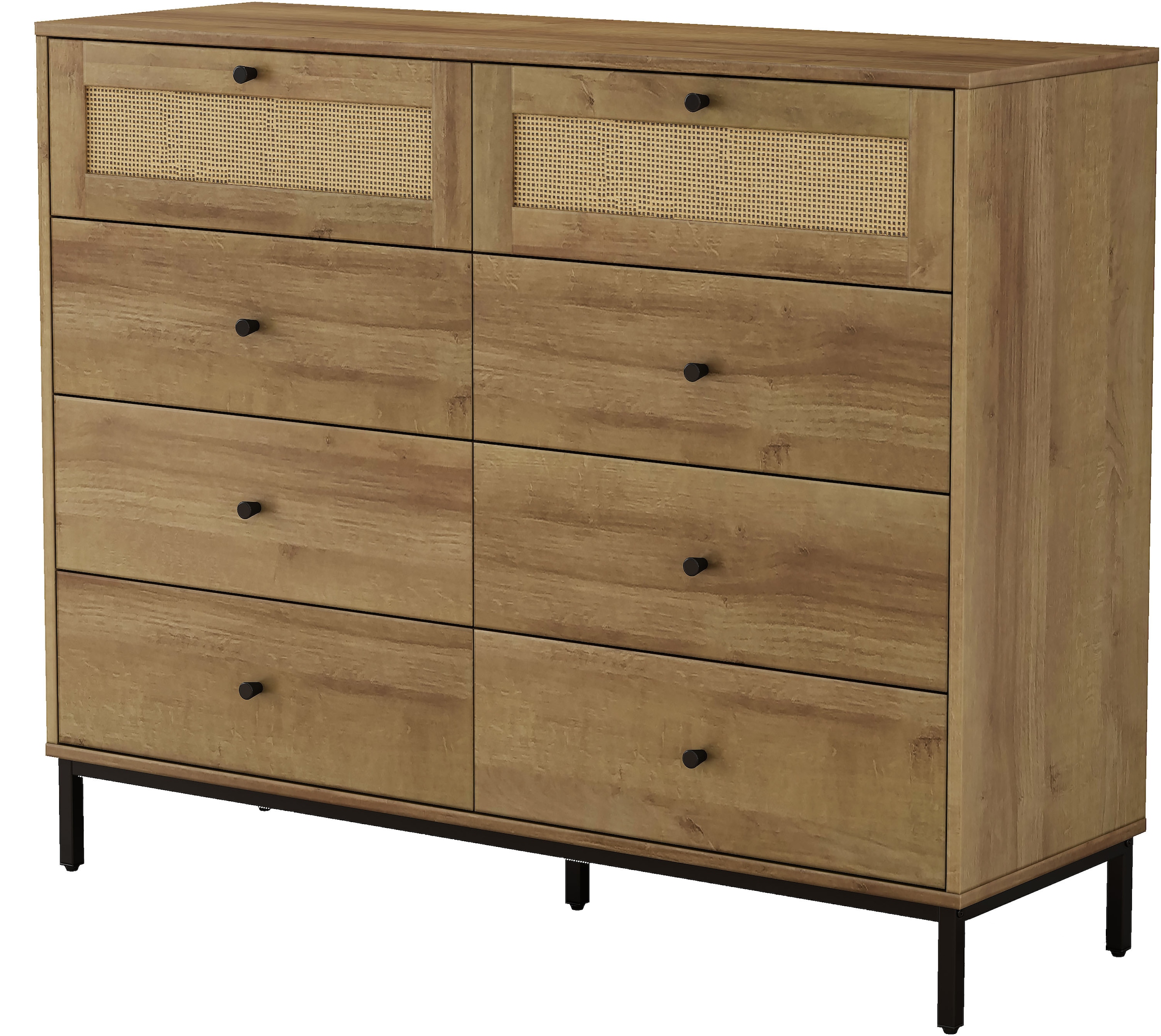 OTTO home Kombikommode »Motala Wäsche Schrank mit 8 Schubladen Sideboard BOHO Design« Eichen-Design mit schwarzen Griffen und Geflecht Schubladen,  Kommode Schrank Wäscheschrank mit 8 Schubladen