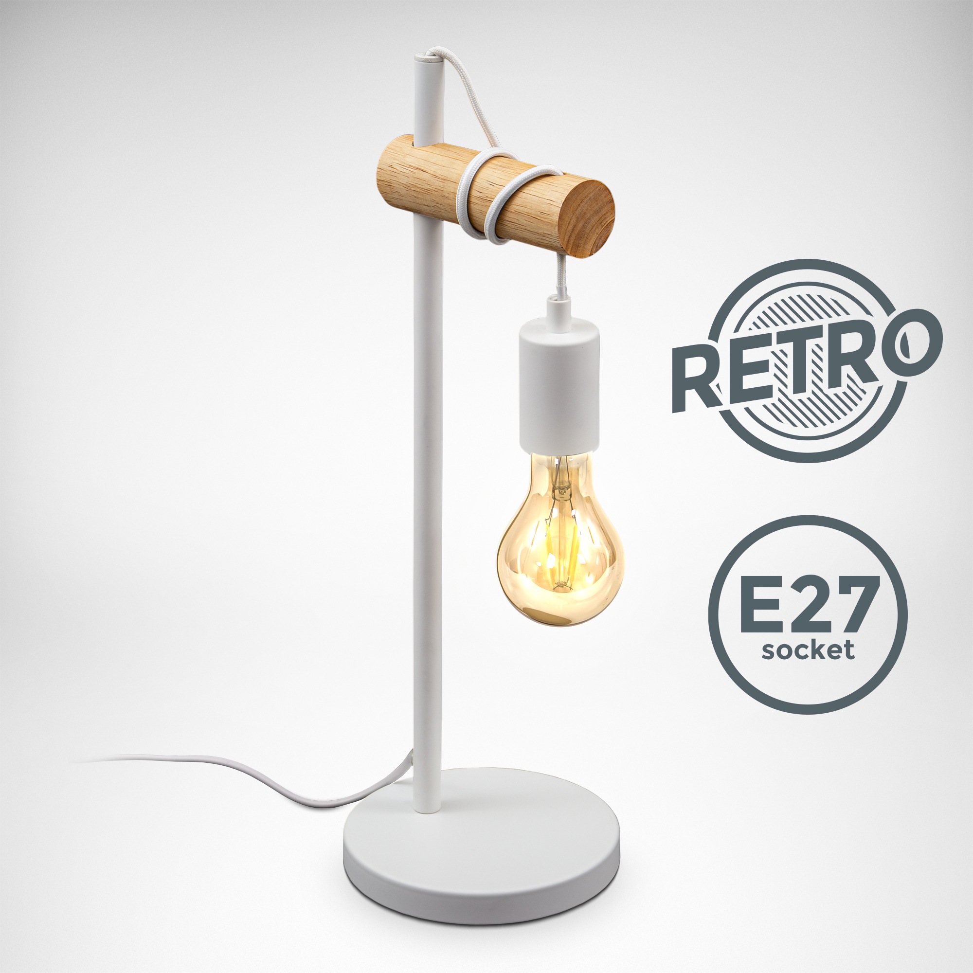 B.K.Licht Tischleuchte, 1 flammig, Leuchtmittel E27 | ohne Leuchtmittel, 1-flammig, Vintage, Tischlampe, Industrial-Design, Retro, Stahl, Holz