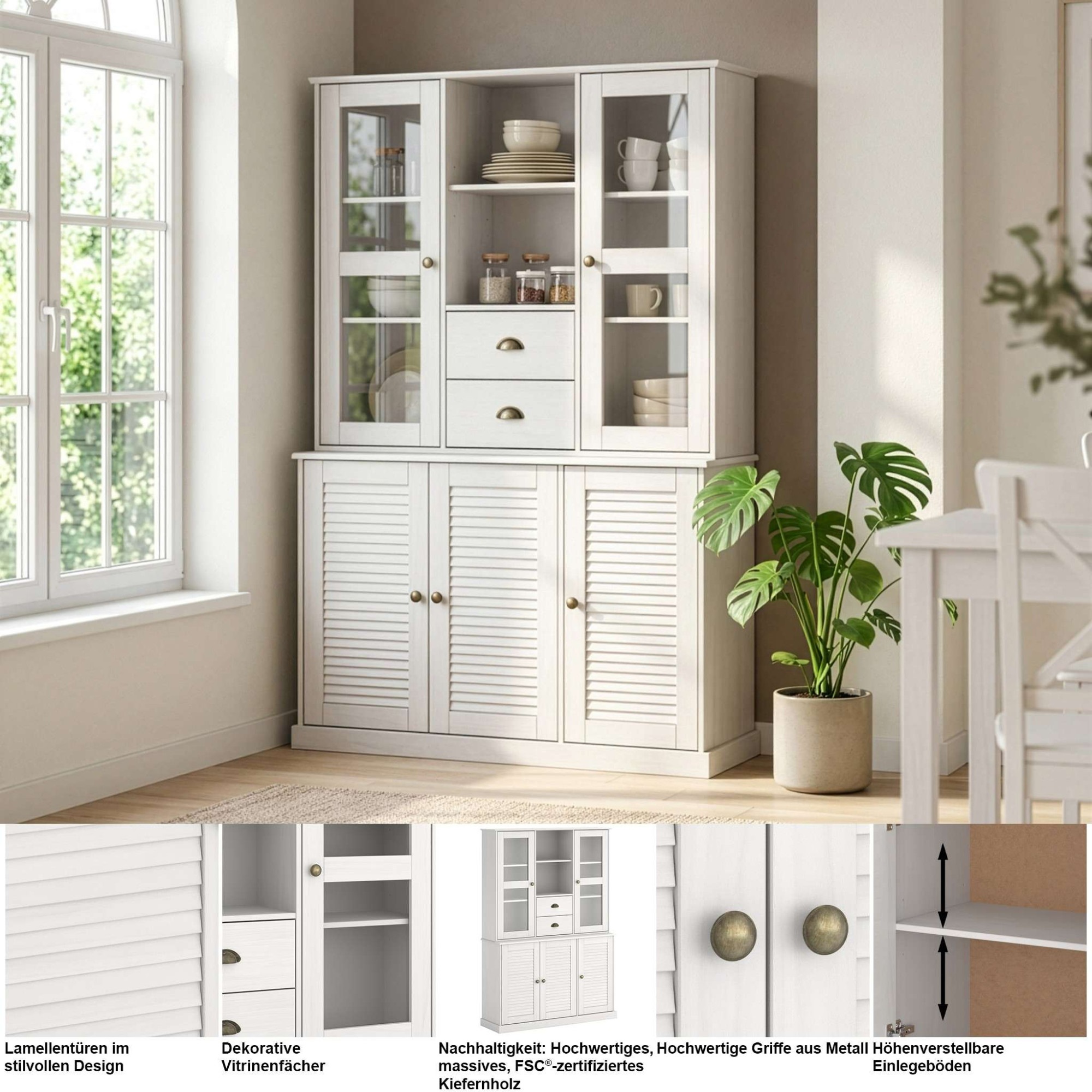 OTTO home Buffet »Turia« mit Glas- u. Lamellentüren, aus massivem Kiefernholz FSC®, Höhe 180 cm