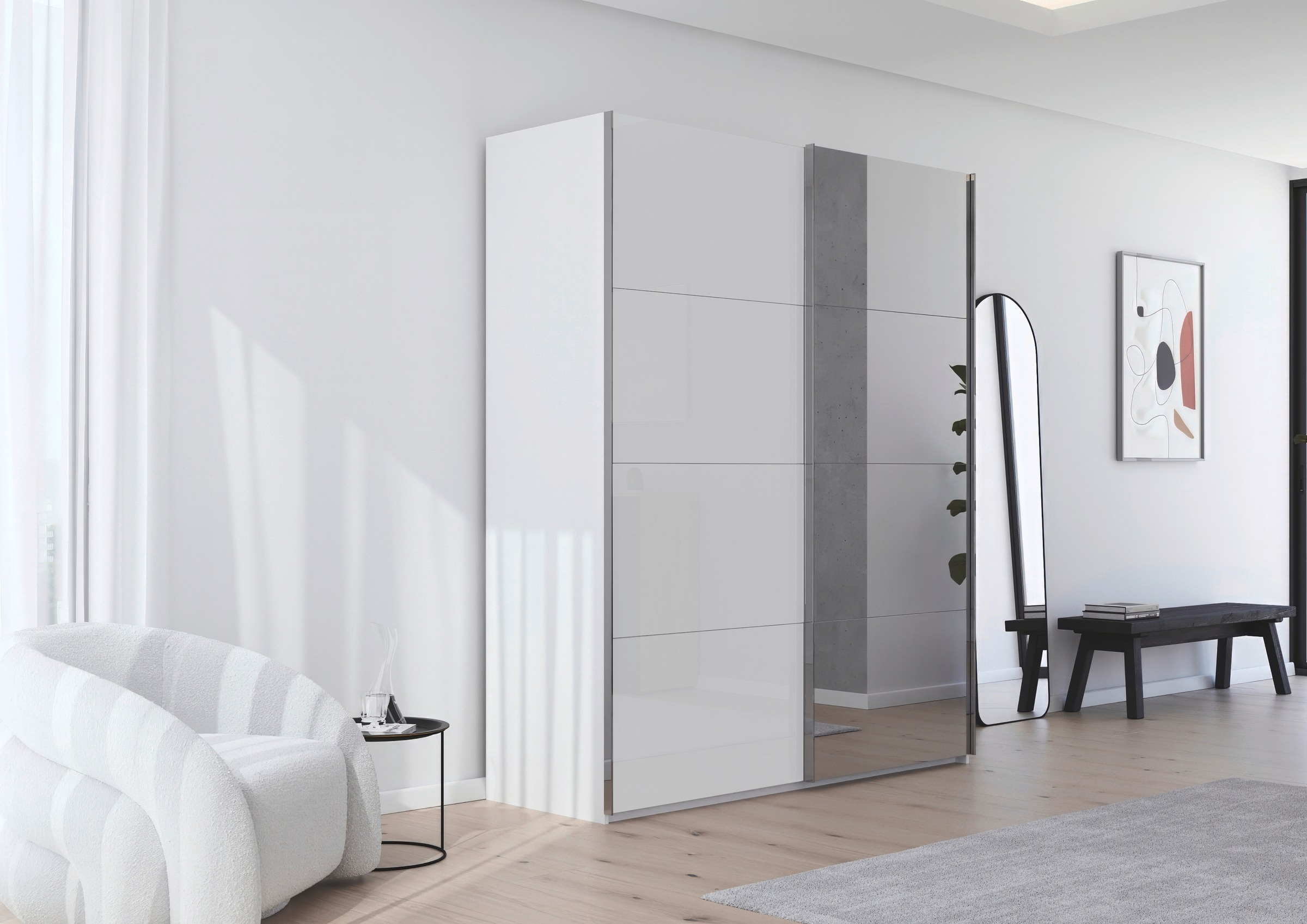 rauch Schwebetürenschrank »Kleiderschrank Schrank Garderobe Schlafzimmerschrank SCALE-FYRA« edle viergeteilte Türen Spiegel/Glas-Mix viele Farben MADE IN GERMANY