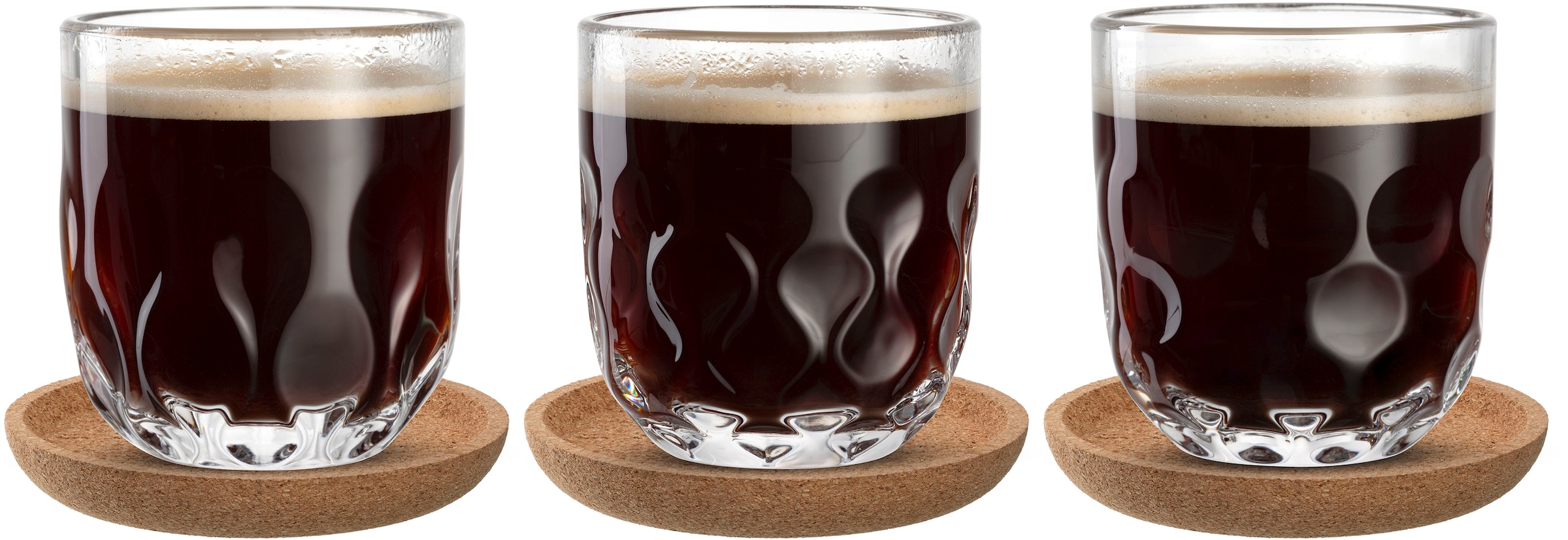 LEONARDO Gläser-Set »Kaffee-Set GOCCE, 220 ml, 6-teilig« 3 Gläser mit unterschiedlichem Tropfenrelief, inkl. Kork-Untersetzer