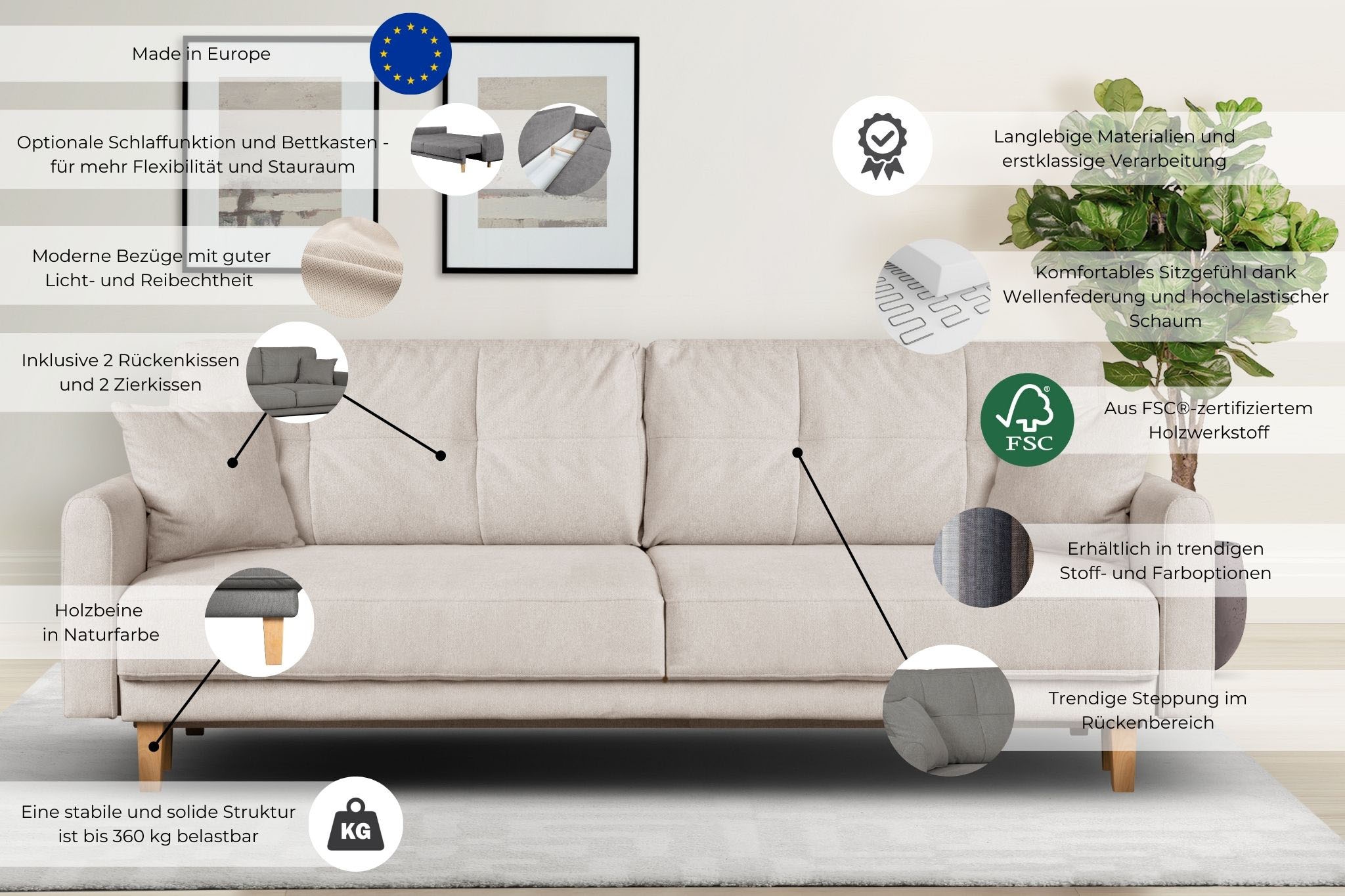 Home affaire 3-Sitzer »TRIPLO optionale Schlafsofa mit Bettkasten, Maße B/T/H: 215/100/89 cm«, Wahlweise Bettfunktion - Liegefläche 145x191 cm, Rücken-, Zierkissen