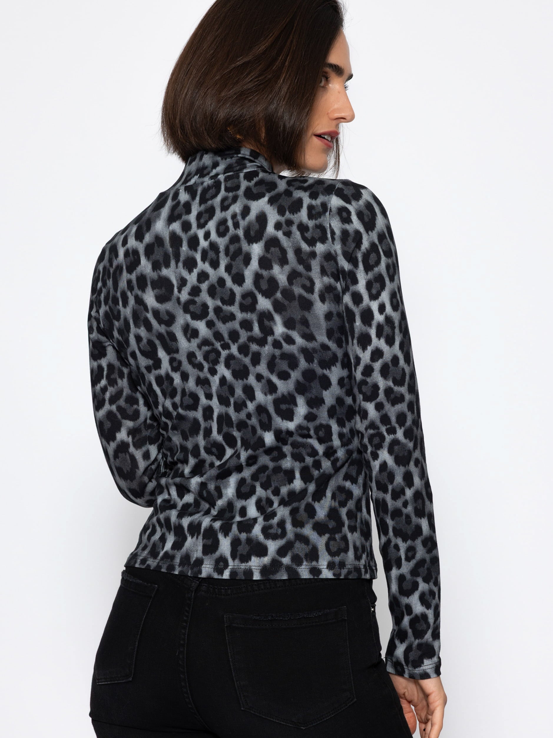 SASSYCLASSY Langarmshirt »Langarmshirt im Leo-Print« Figurbetontes Baumwollshirt mit schmalem Stehkragen Braun Grau