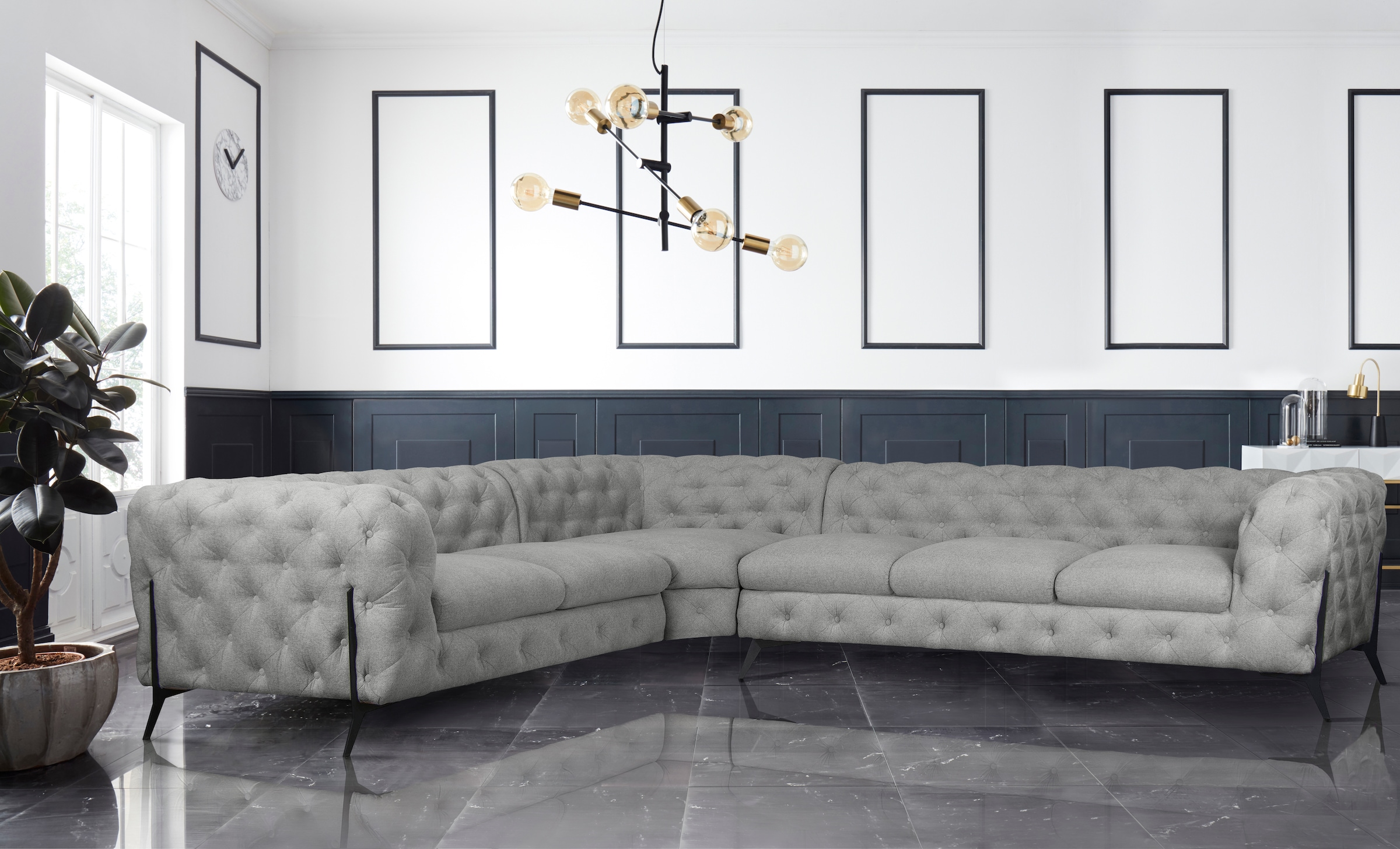 Leonique Chesterfield-Sofa »Amaury L-Form«, großes Ecksofa, Chesterfield-Optik, Breite 323 cm, Fußfarbe wählbar