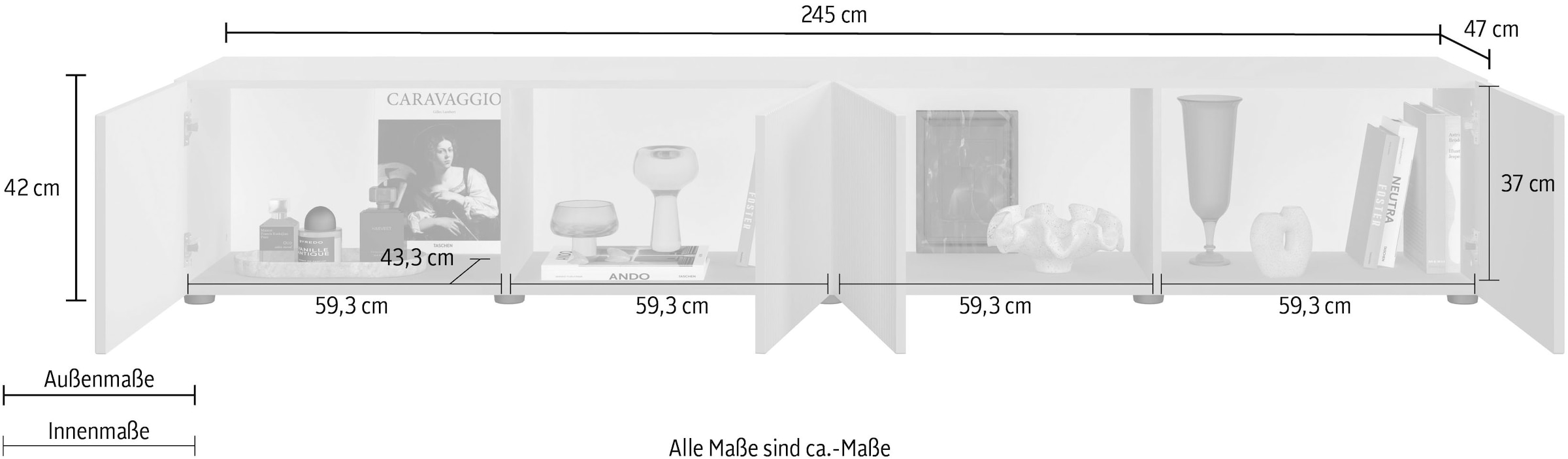 OTTO home Lowboard »Rio, 245 cm breit, 47 cm tief, 4 Türen mit geriffelten MDF Fronten« Modernes Lowboard für bis zu 98-Zoll-TV – perfekt für die WM