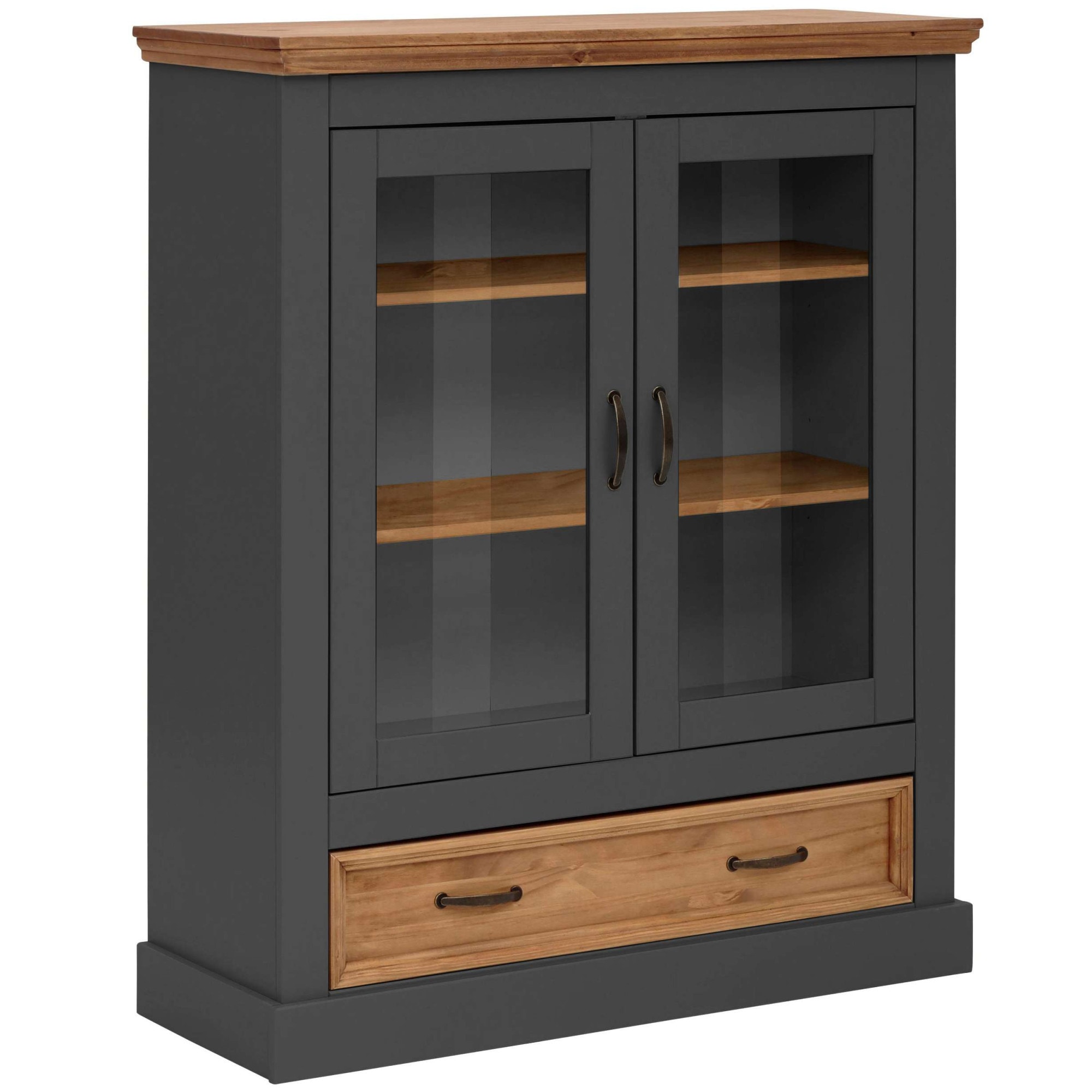 Home affaire Vitrine »Selma Highboard«, aus massivem Kiefernholz, mit Griffen aus antikisiertem Metall