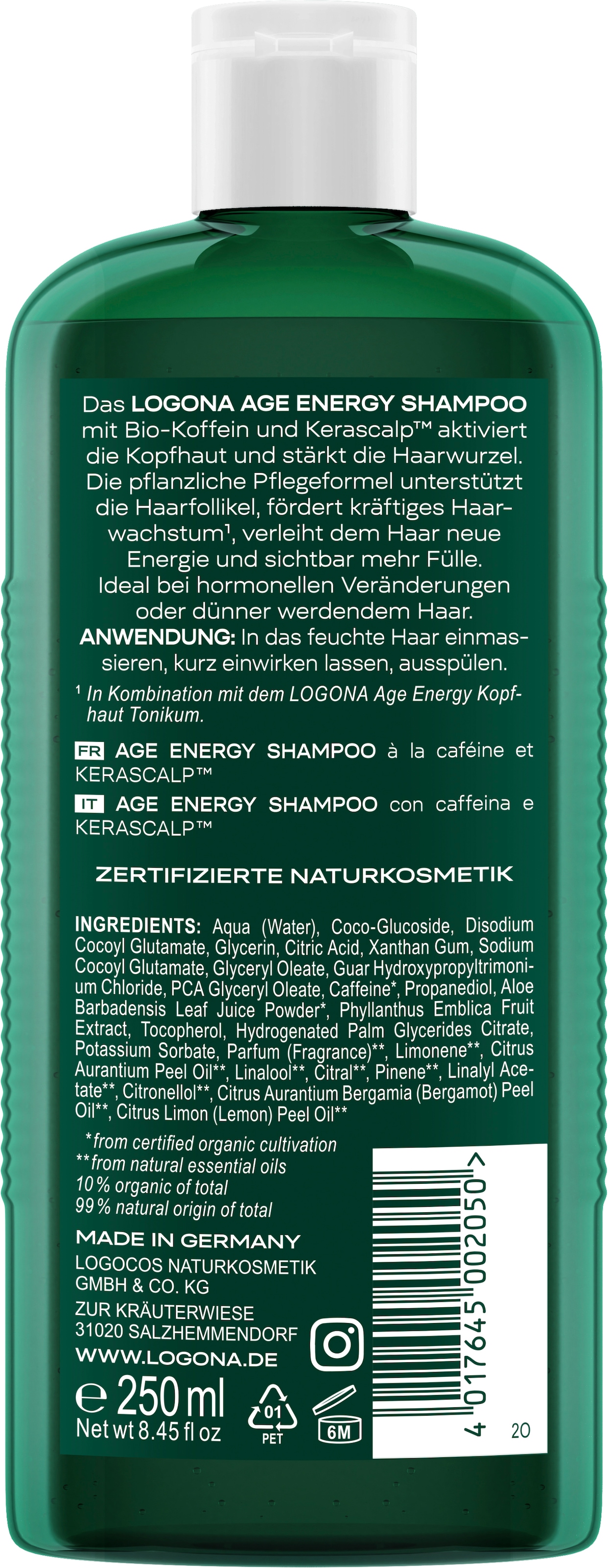 LOGONA Haarshampoo »AGE ENERGY SHAMPOO« für alle Haartypen, vegane Formel, mit pflanzenbasierter Pflegebasis