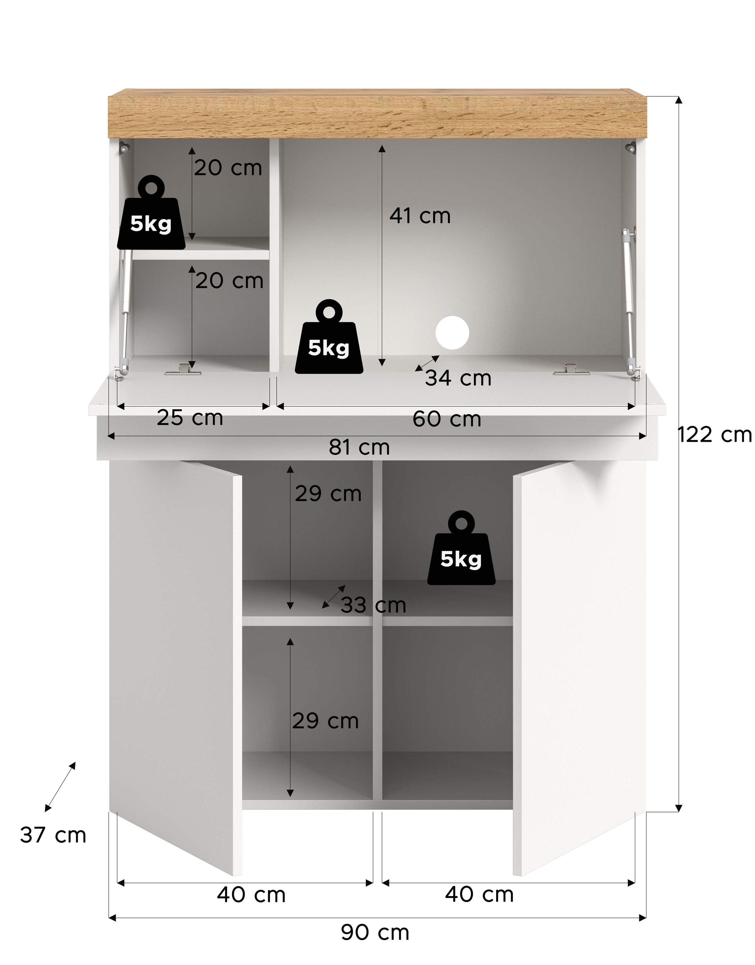 OTTO home Sekretär »MAMBO, Höhe 122cm, Home-Office-Schreibtisch, PC-Schrank« 2 Türen, 1Klappe, 7 Fächer, 1 Schubkasten, 3 höhenverstellbare Böden,  Multifunktional mit viel Stauraum, klappbare Tischfläche
