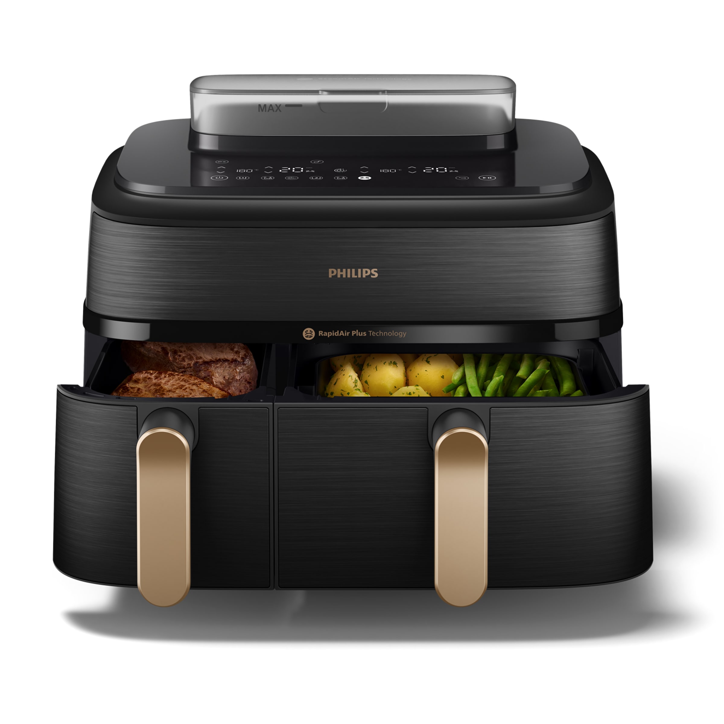 Philips Heißluftfritteuse »Steam Airfryer 5000 Dual Basket NA552/00, Airfryen & Dampfgaren, 3L+6L«, 2750 W, RapidAir Plus Technologie und 19 Kochfunktionen; Edelstahl/Kupfer