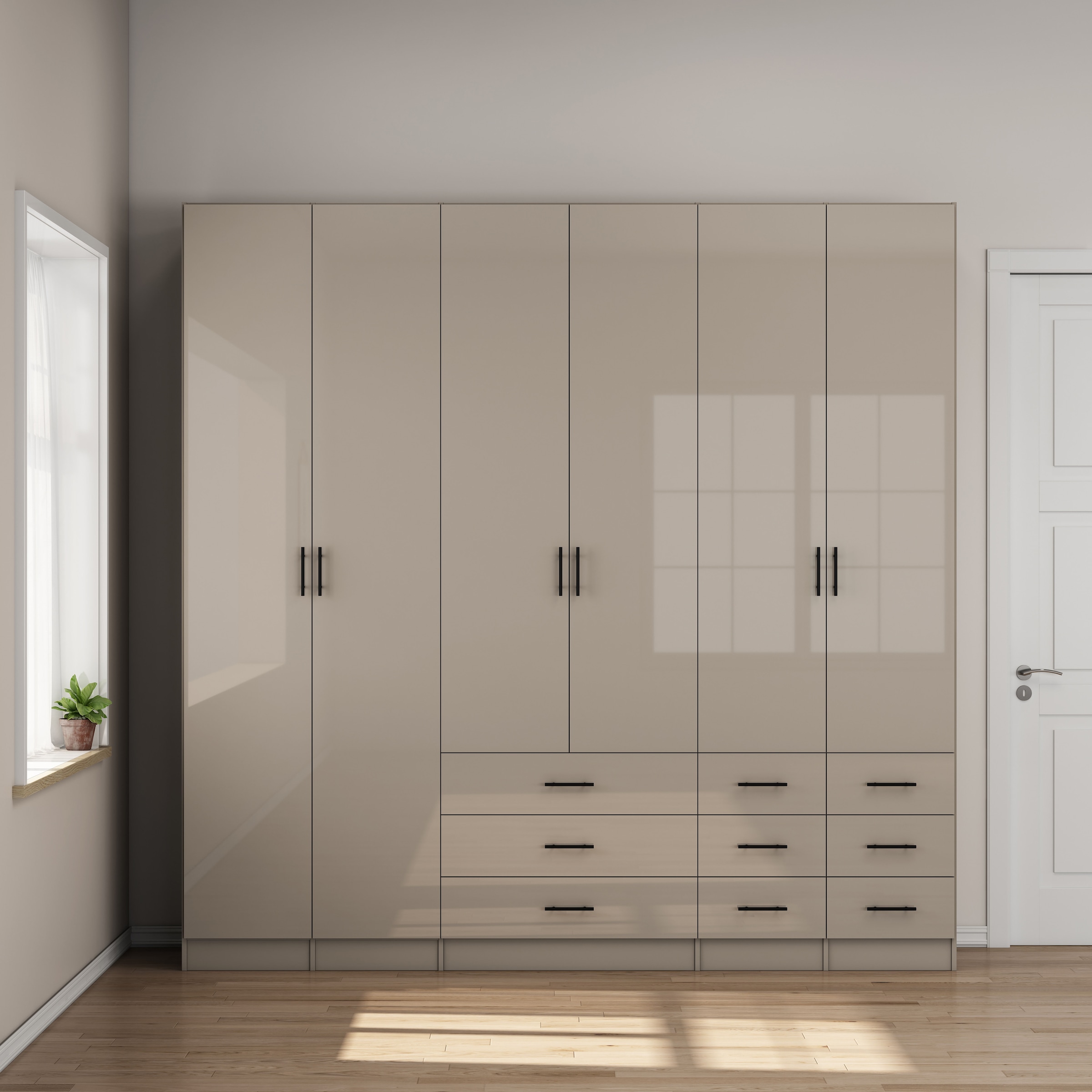 OTTO home Kleiderschrank »Trento Schlafzimmerschrank Garderobe hochglanz« in 2 unterschiedlichen Schrankhöhen wählbar,  Schrank mit 6 Türen und 9 Schubladen, Hochglanz-Fronten, 2,39m Höhe