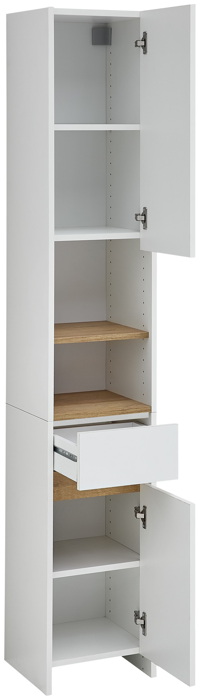 Saphir Hochschrank »Quickset 100, Badschrank 32,4 cm, 2 Türen und 1 Schublade« 3 Einlegeböden, 2 offene Fächer, Badezimmer-Hochschrank, Akzentfuge