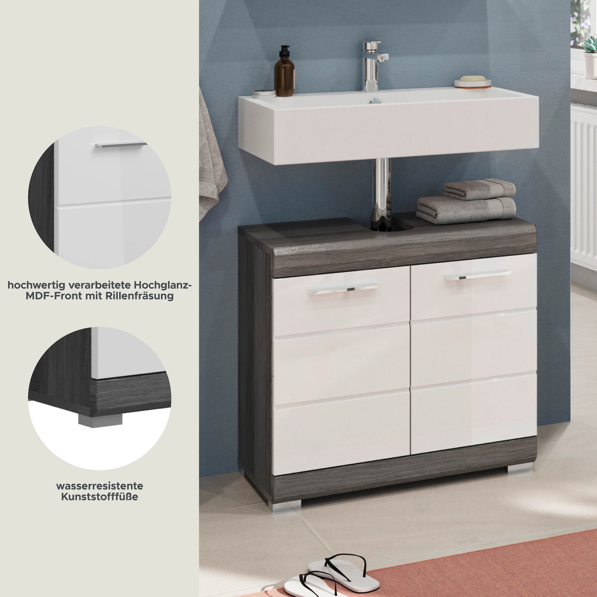 welltime Waschbeckenunterschrank »SIENA, Breite 60cm, mit  2 Türen oder 2 Schubkästen, MDF-Front« TOPSELLER! , mit Siphonausschnitt 10x25 cm, 1 Stk. tlg. in verschiedenen Farben erhältlich, Badmöbel, Badschrank, Kommode, Bad