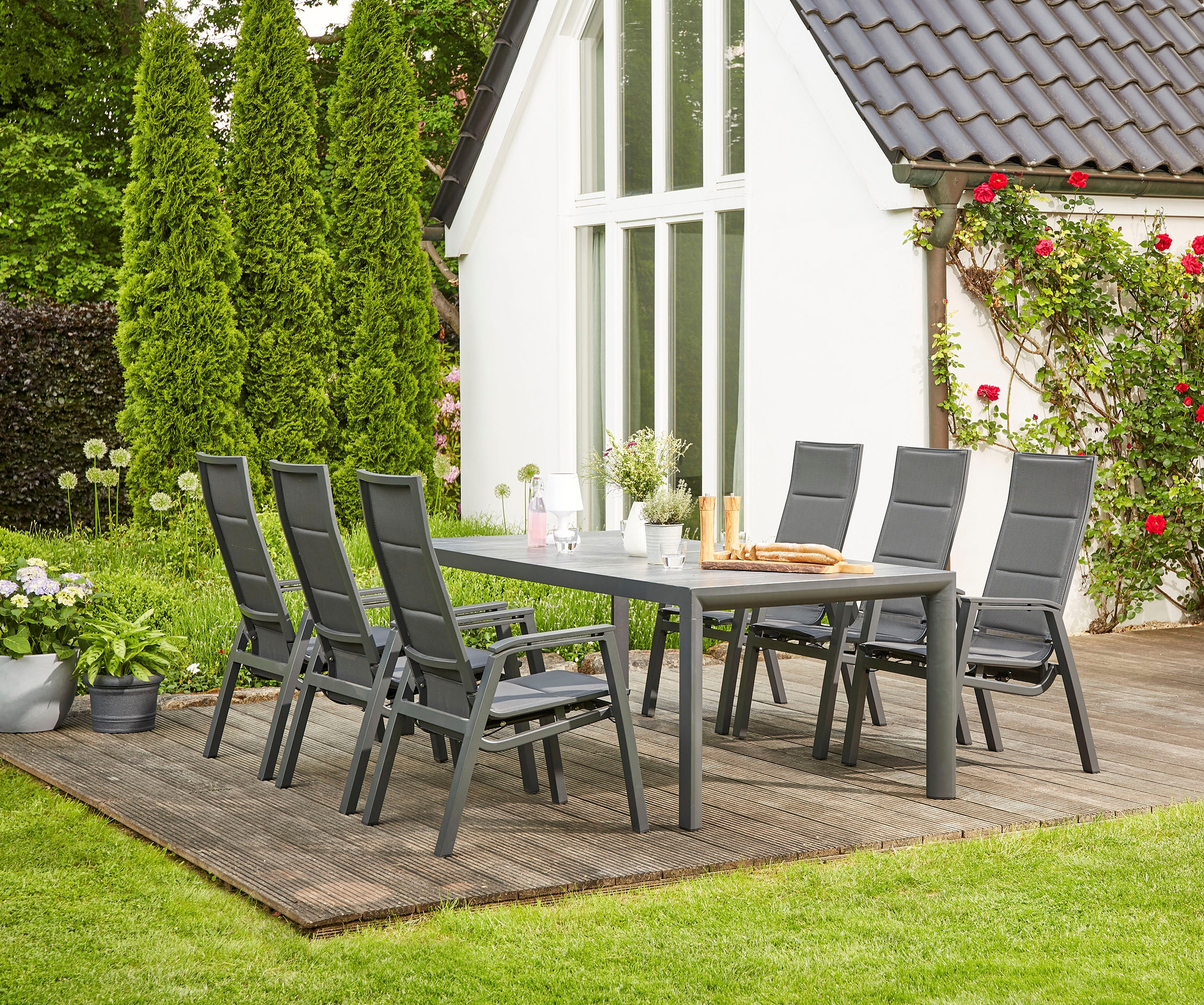 Siena Garden Garten-Essgruppe "Milano / Ancona" Set, bestehend aus 6 Sesseln und 1 Tisch 220x100cm, 7 Stk. tlg. aus pulverbeschichtetem Aluminium, verstellbar