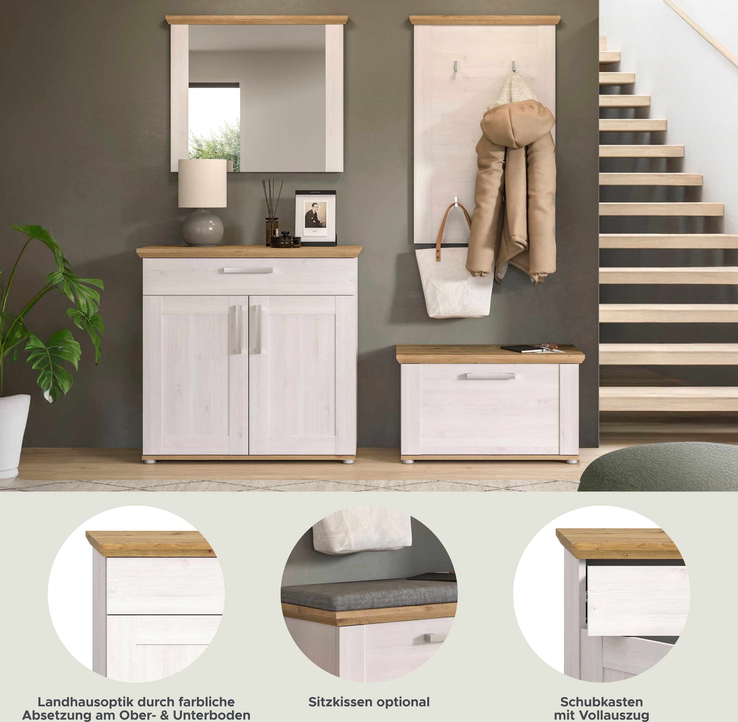 Home affaire Garderoben-Set »COSENZA, TOPSELLER!, Breite ca. 190 cm, 4-teilig, in Landhausoptik«, (4 St., bestehend aus: Sitzbank, Garderobenpaneel, Schuhschrank, Spiegel), Garderobenkombination, Kombination, Diele, Garderobe, Garderobenmöbel