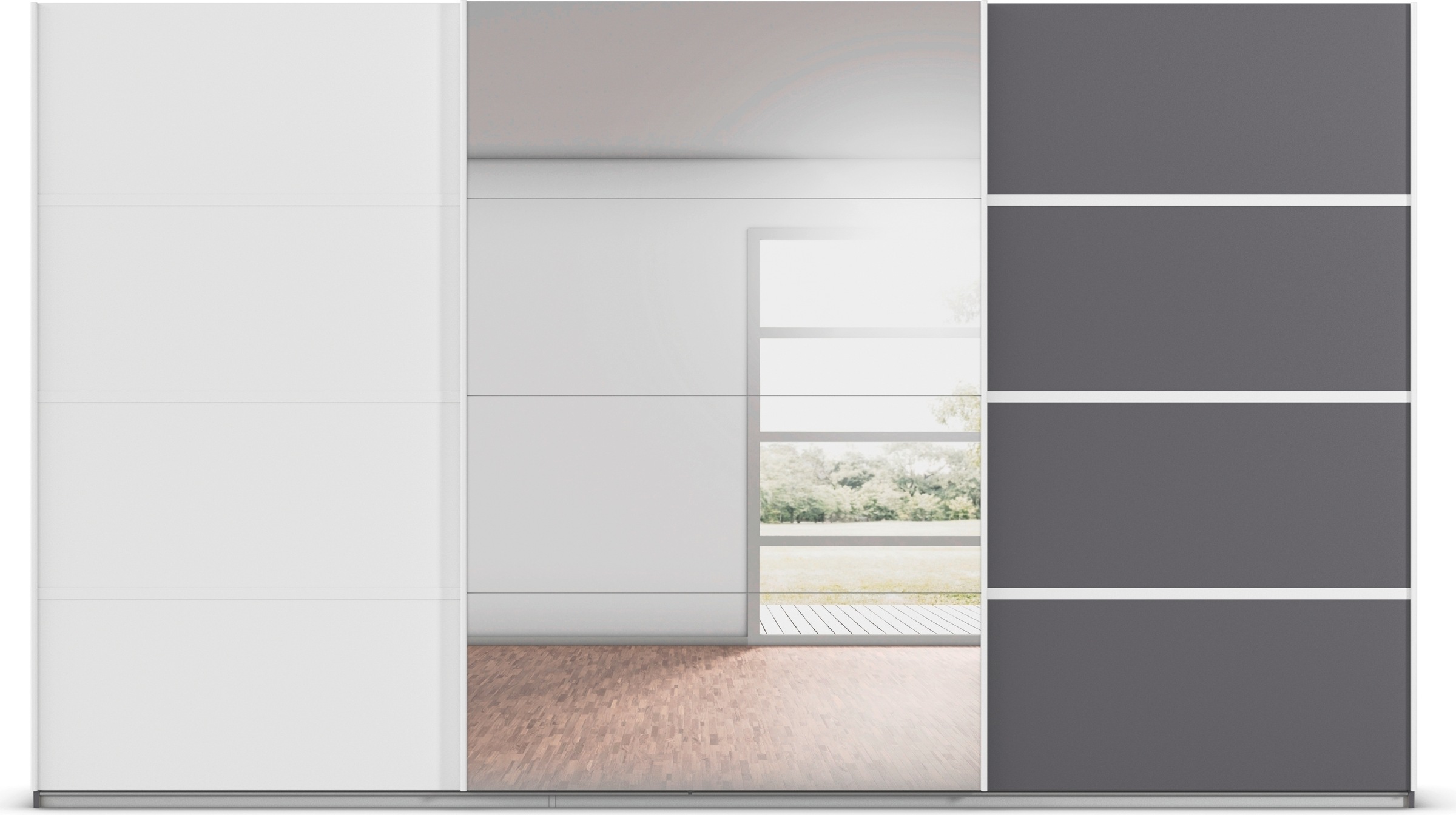 rauch Kleiderschrank »Schwebetürenschrank OTTO´s Choice Garderobe Schrank TOP ANGEBOT Avola«, (in 3 verschiedenen Ausstattungen BASIC/CLASSIC/PREMIUM inkl. Spiegel), mit eleganten Zierleisten in Chrom, Schwarz oder Weiß MADE IN GERMANY