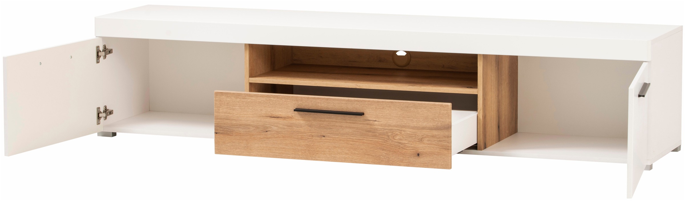 INOSIGN Wohnwand »Salerno, moderne Anbauwand, Wohnzimmer-Set, Weiß mit Eiche Evoke Dekor«, (Set, 2 St.), enthält Lowboard + Wandboard, Metallgriffe, 205 cm breit