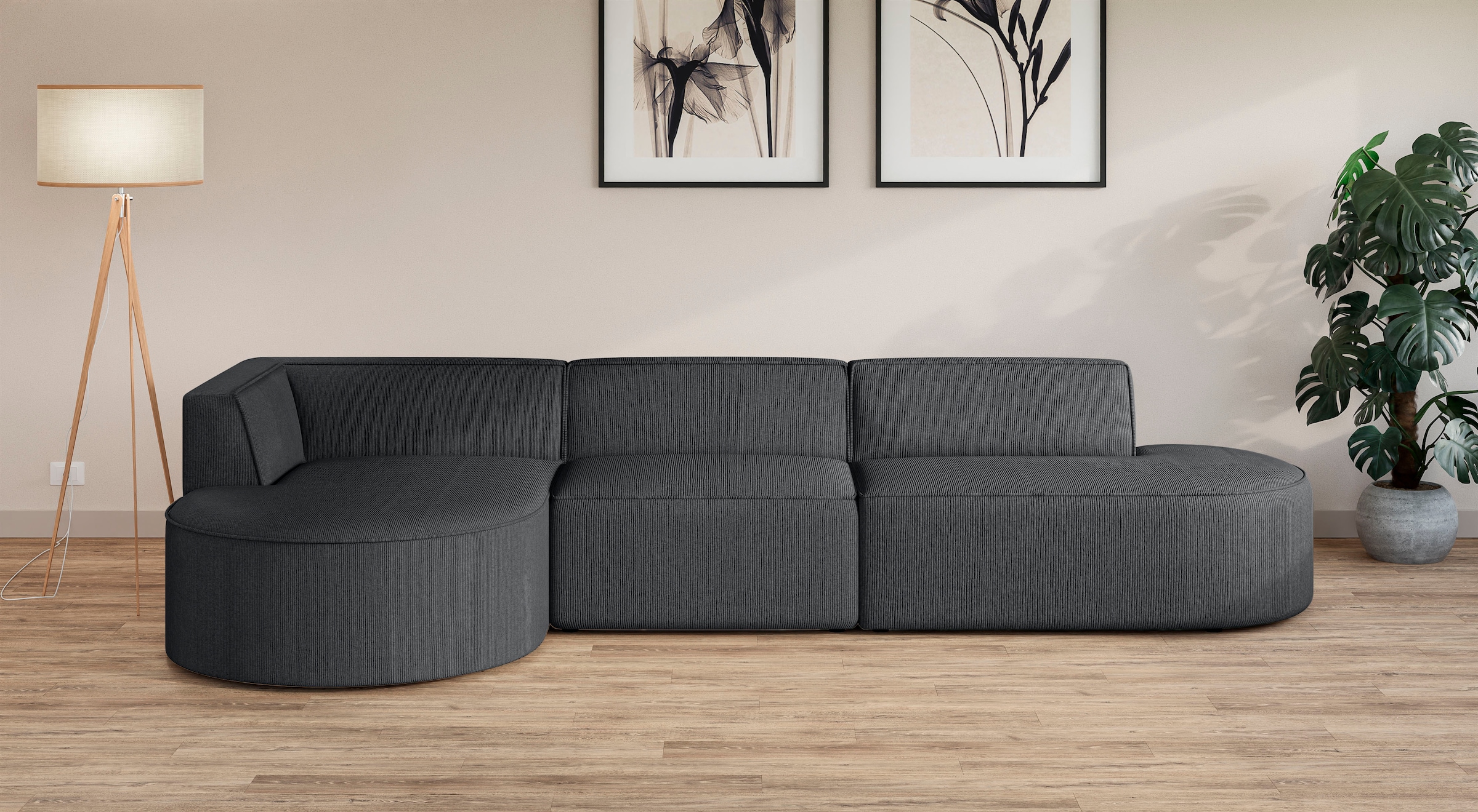 andas Ecksofa »EIVIND Designer Sofa mit Ottomane rechts/links, B/T/H: 343/159/72 cm«, L-Form mit Wellenunterfederung, auch in Feincord und Bouclé