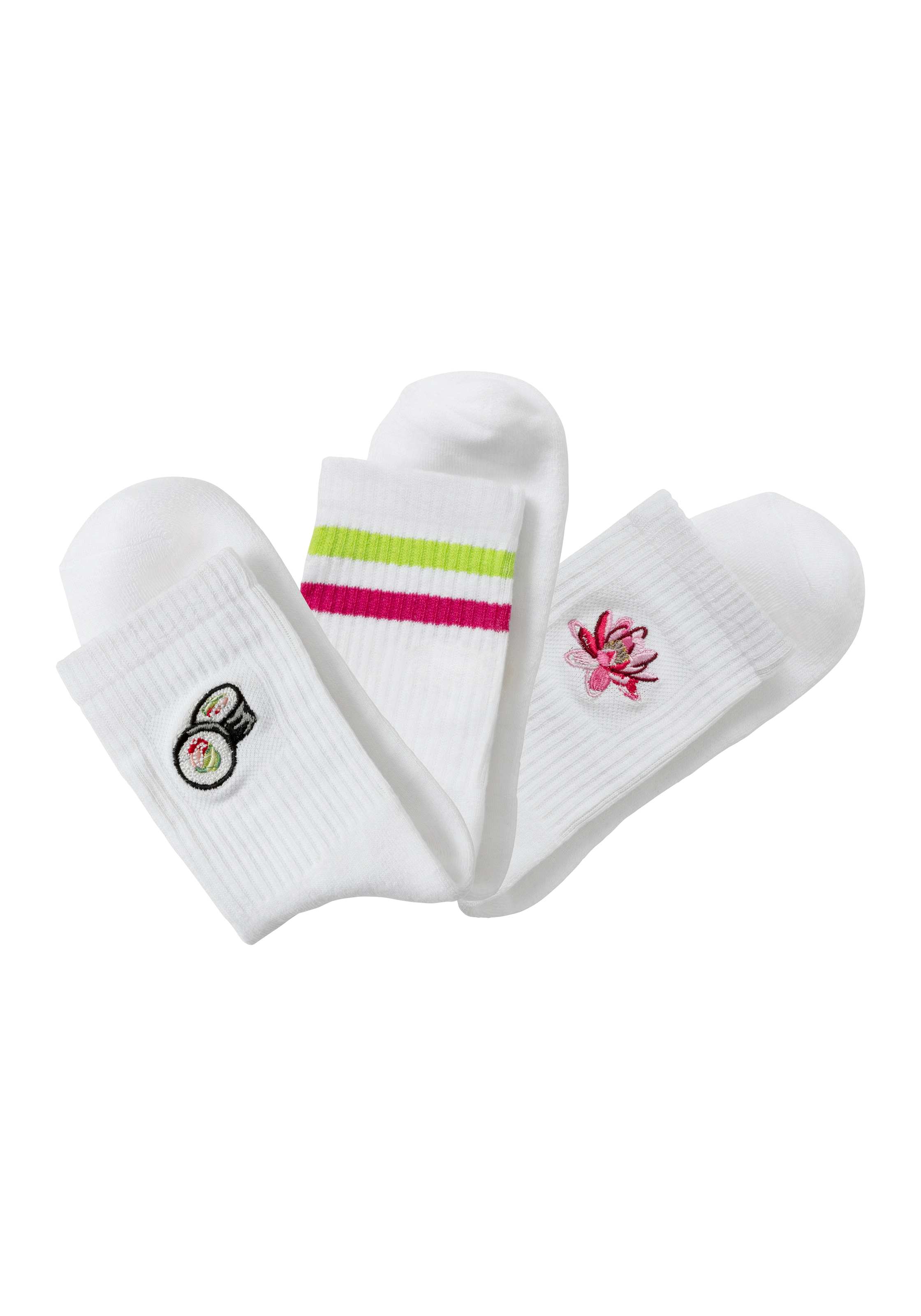 LASCANA Tennissocken, (Packung, 3 Paar), mit Frotteesohle und Stickerei