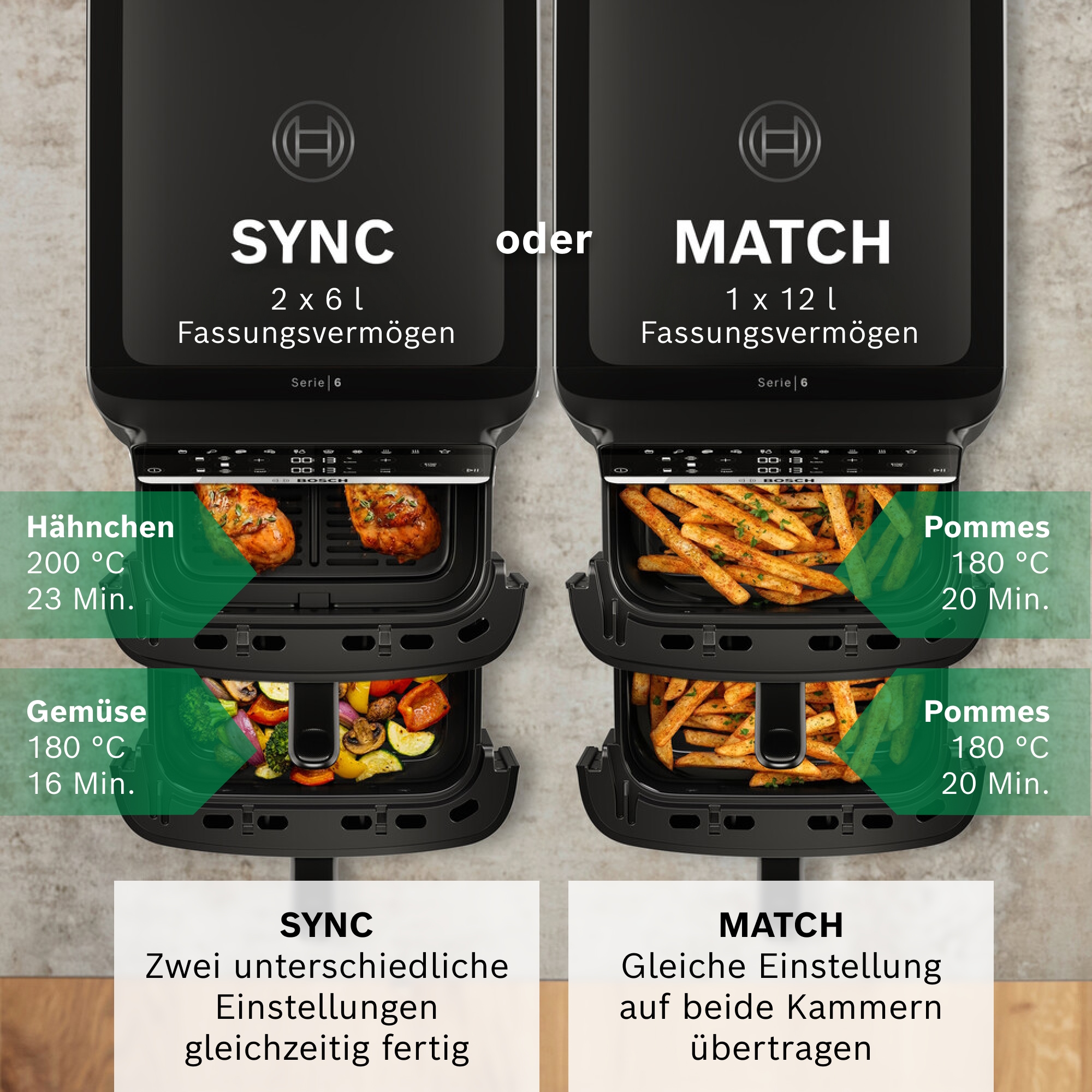 BOSCH Heißluftfritteuse »Serie 6 MAFD661B0, XXL Heißluftfritteuse, 12L, PFAS frei, Doppelkammer« 2800 W platzsparend, einfache Reinigung, weniger Fett, 6 Programme, schwarz
