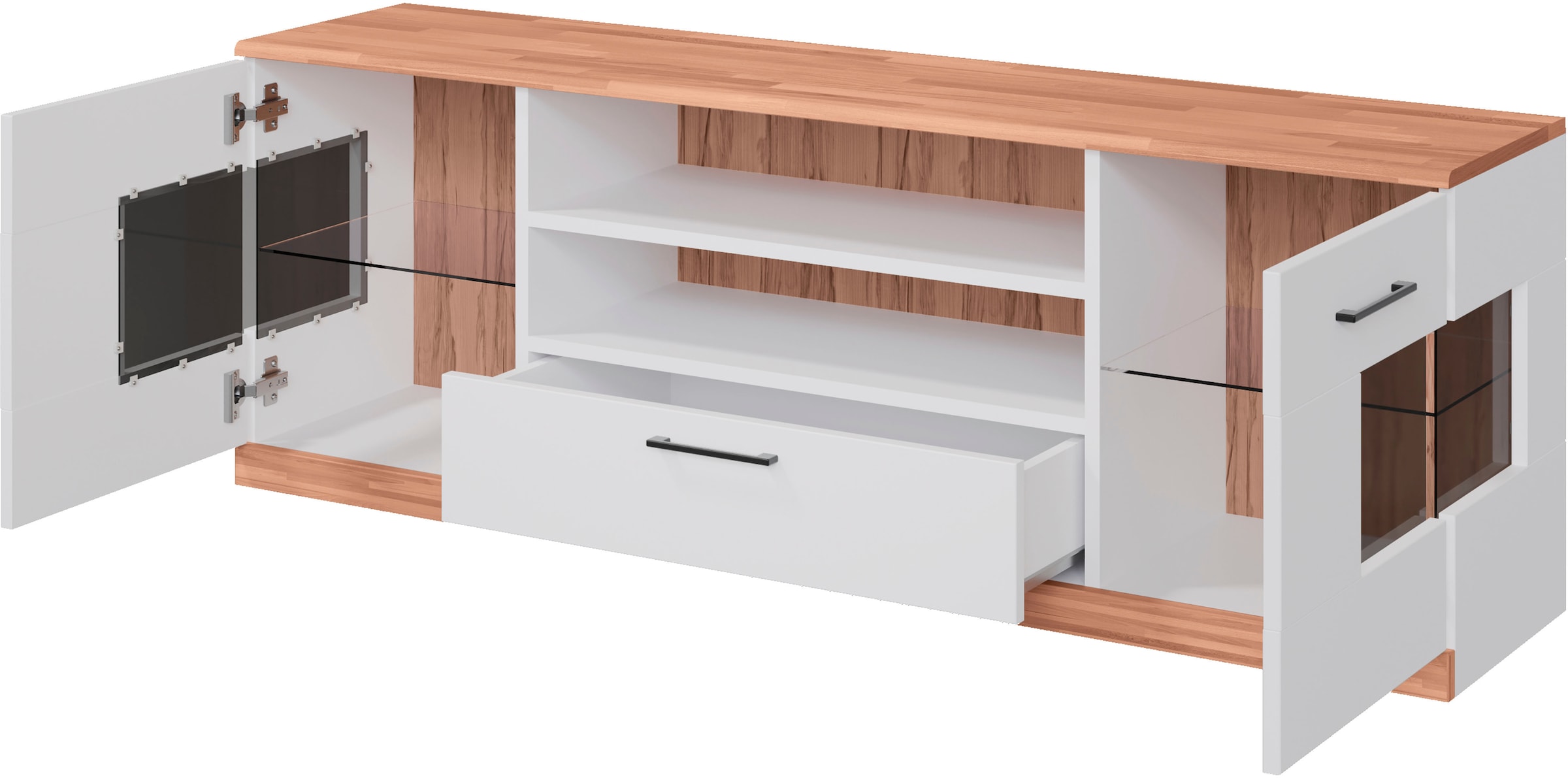 Home affaire Lowboard »Ribe,160cm breit,55cm hoch,Oberplatte massiv«, Oberplatte Massivholz,schwarze Metall Griffe,2 Türen mit Glaseinsatz