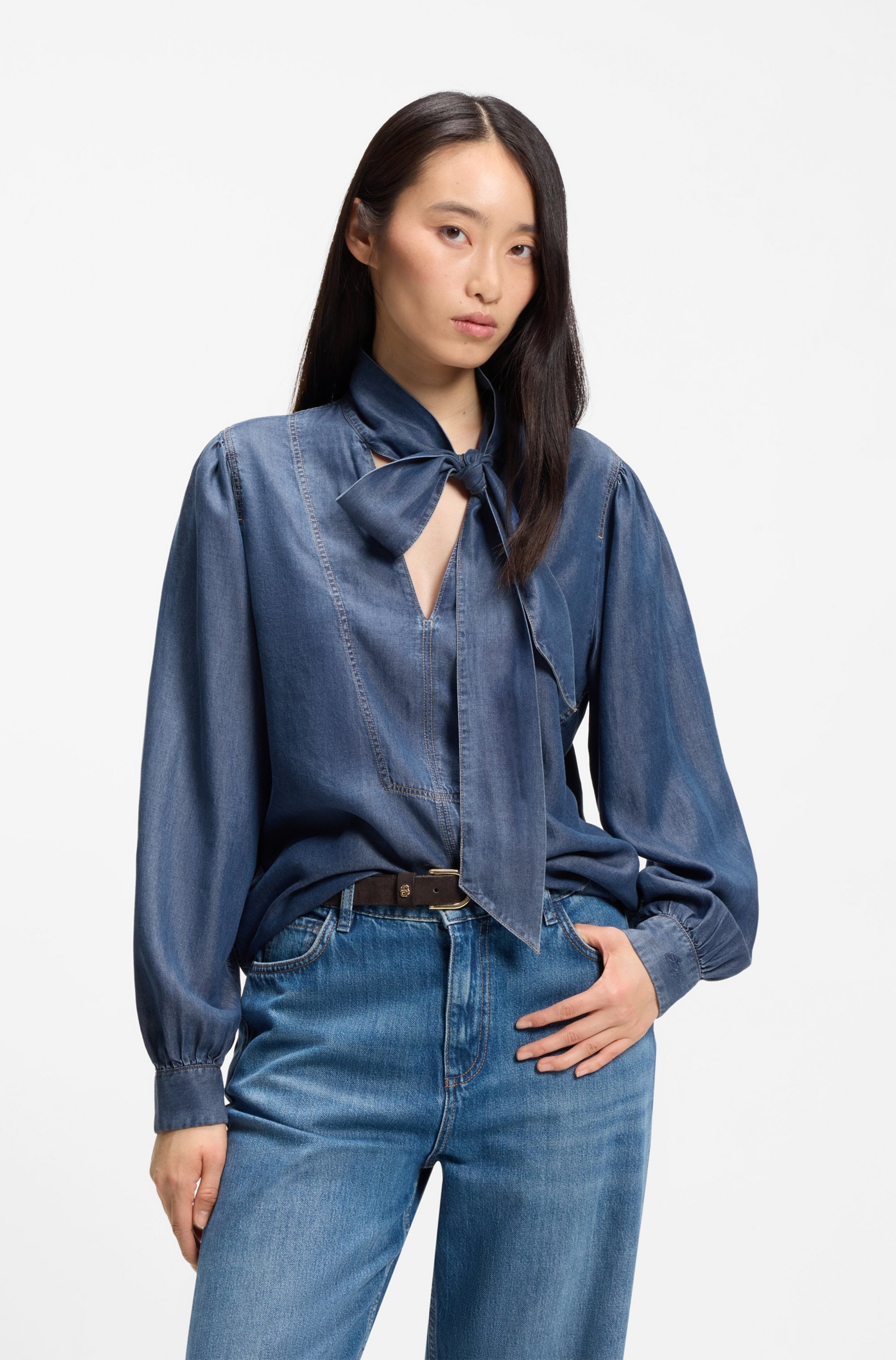 BOSS ORANGE Langarmbluse »Betilla Premium Damenmode« mit Schal-Detail, Denim-Look