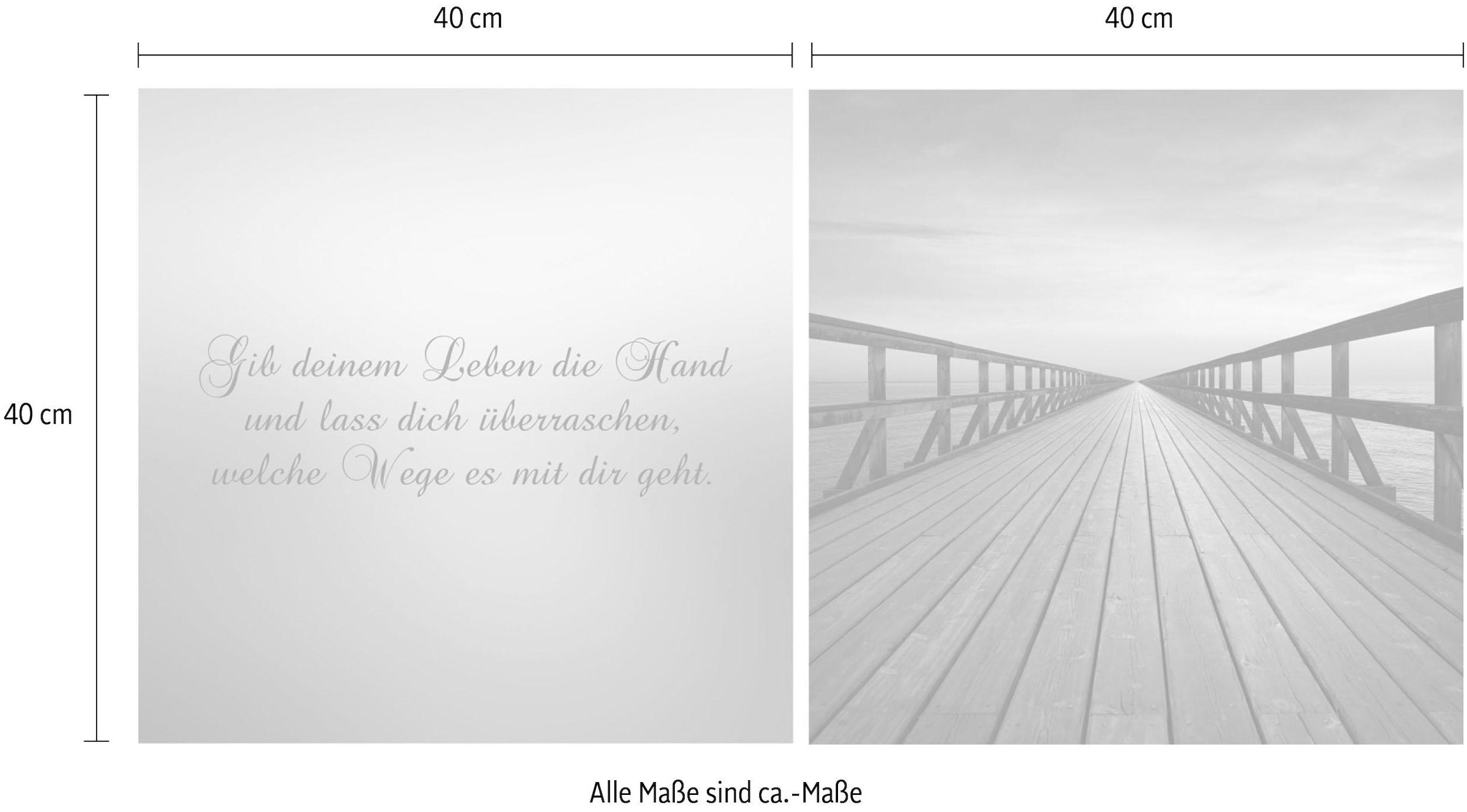 queence Leinwandbild »Weg in die Zukunft«, Steg-Sonnenaufgang-Himmel-Kunst-Modern-Spa-Spa Bilder-Sprüche-Sprüche & Texte-Schriftzug-Schriftzüge, (Set), Premium-Leinwandstoff, Handarbeit aus Deutschland, Spruch, 2er Set