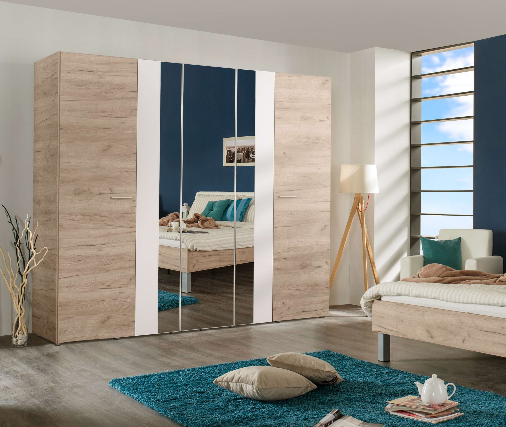 Home affaire Kleiderschrank »Dante Garderobenschrank, Stauraumschrank, Drehtürenschrank, Schrank« 2 Kleiderstangen, 6 Einlegeböden, Spiegel, Breite 223,5 cm