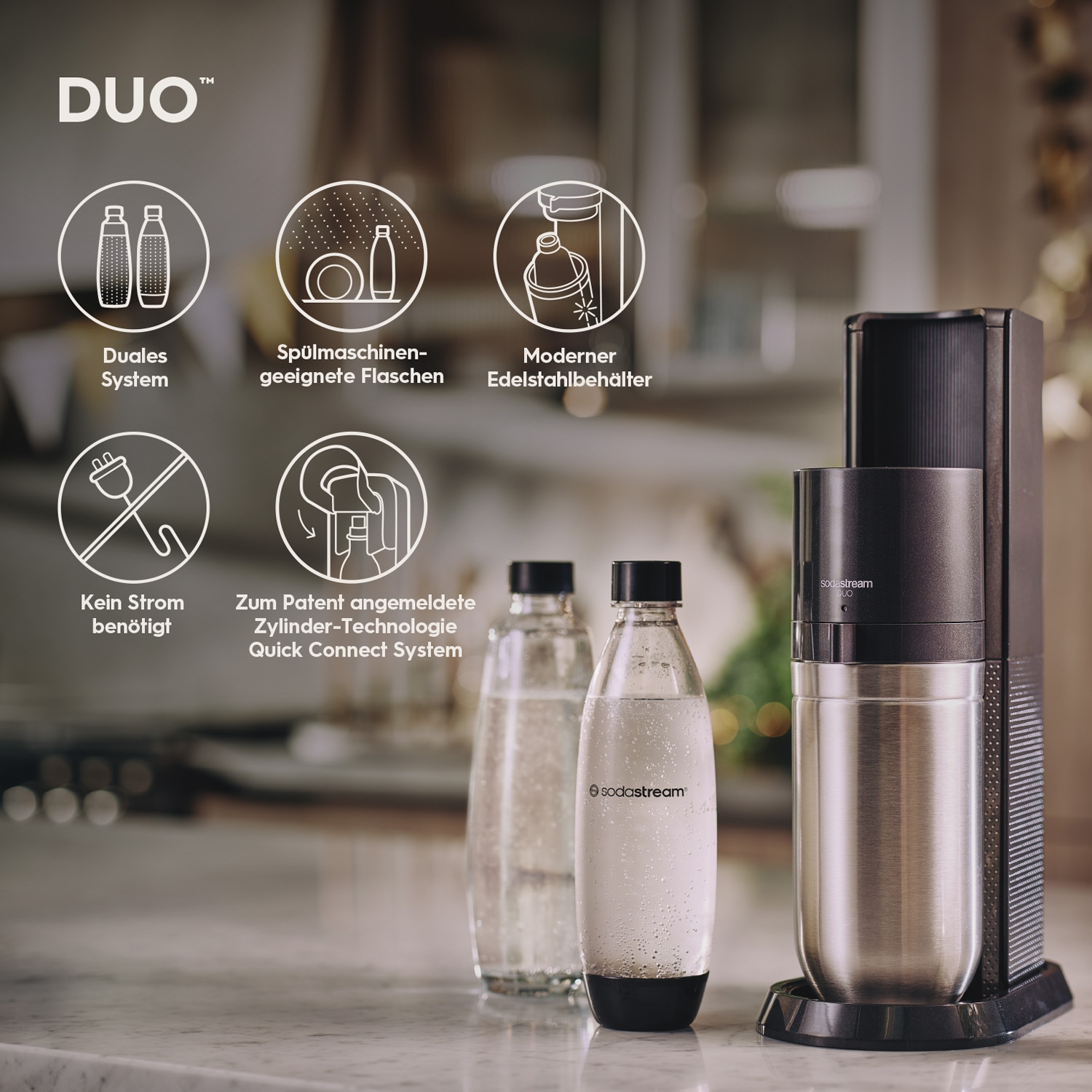 SodaStream Wassersprudler »DUO« CO2-Zylinder, 1L Glasflasche, 1L spülmaschinenfeste Kunststoff-Flasche