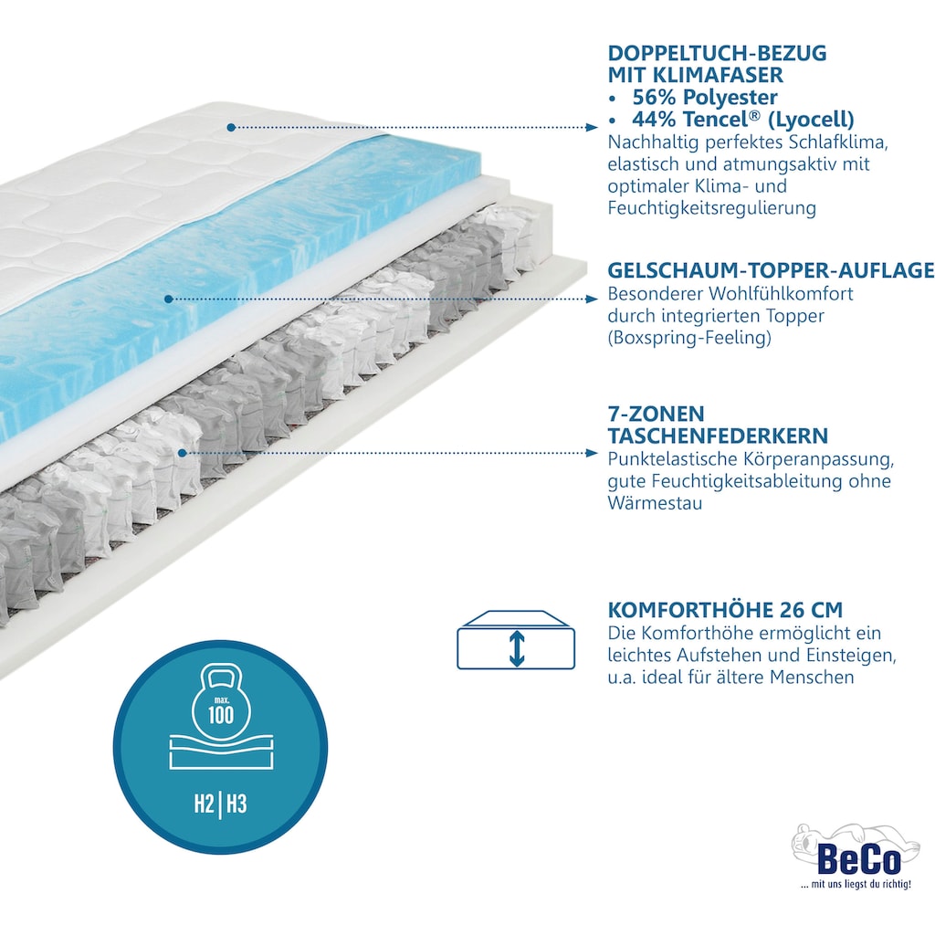Beco Taschenfederkernmatratze »Royal Komfort Gel«, 26 cm hoch, 480 Federn, (1 St.), von Haus & Garten mit "SEHR GUT" ausgezeichnet, getestet in Gr. 180x200 cm H2 - Wendematratze mit zwei unterschiedlich festen Liegeseiten.
