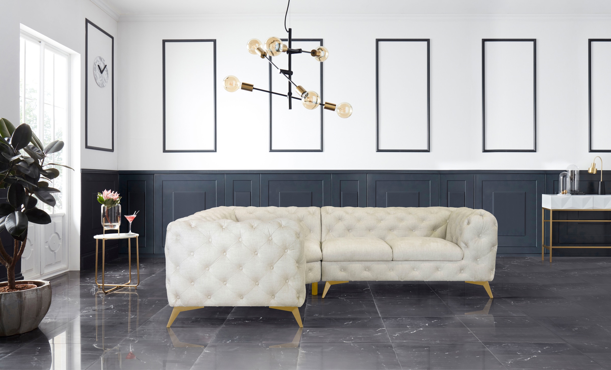 Leonique Chesterfield-Sofa »Ecksofa GLYNIS L-Form mit Wellenunterfederung, Maße B/T/H 264/204/75cm«, aufwändige Knopfheftung, moderne Chesterfield Optik, Fußfarbe wählbar