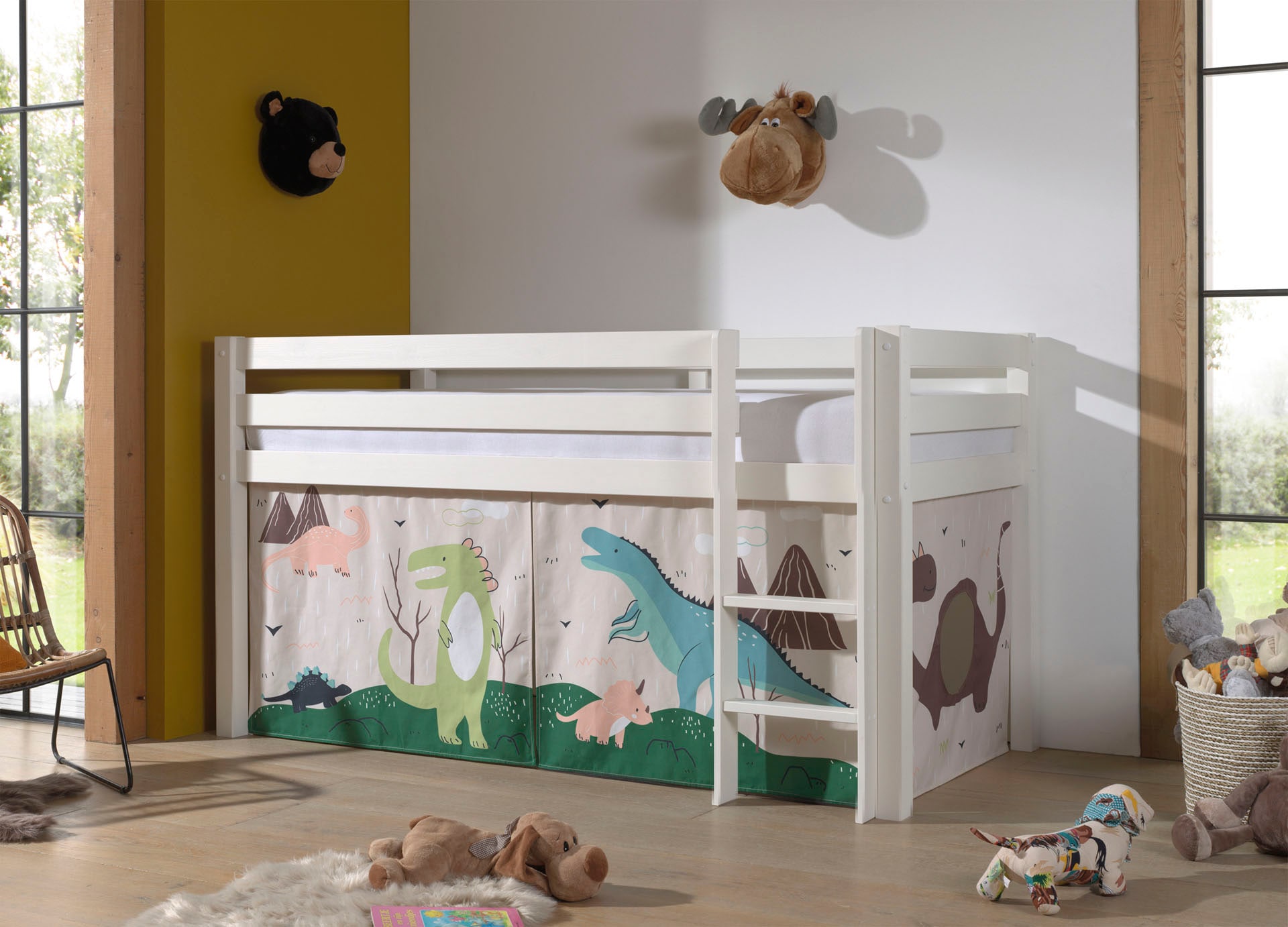 Vipack Spielbett »Pino, Kiefer massiv, mit Rolllattenrost u. Textil-Set, Made in Europe« B/H/T ca. 210x114x106cm, mit Leiter und Absturzschutz,  verschiedene Textil Dessins, 3 Gestellfarben zur Wahl