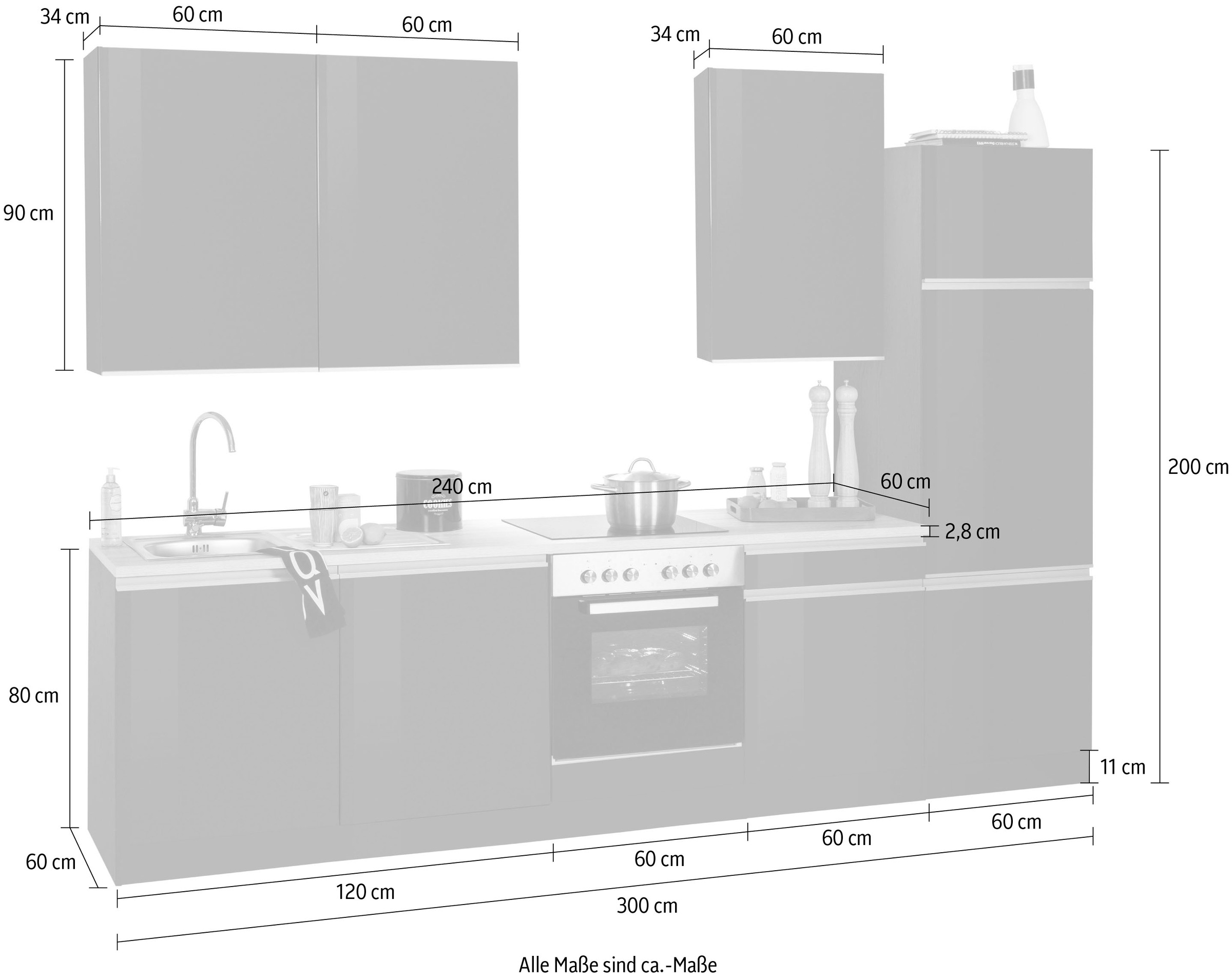 KOCHSTATION Küchenzeile »KS-Ohio«, ohne E-Geräte, Breite 300 cm