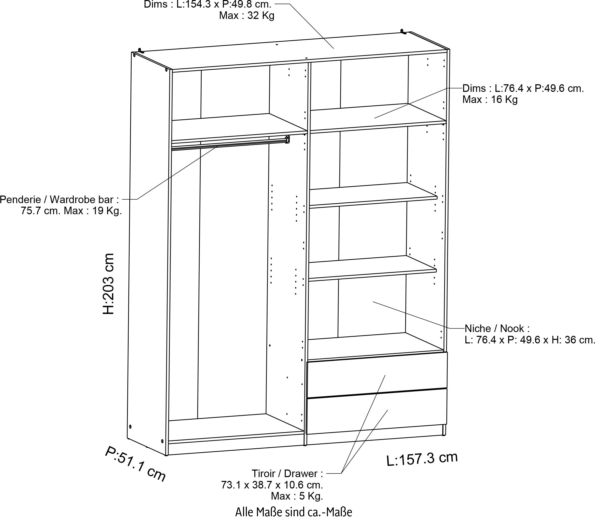 Demeyere GROUP Kleiderschrank »Drehtürenschrank, 3 Türen, 2 Schubladen, 1 Spiegel«, Breite ca. 120cm, Höhe ca. 200cm