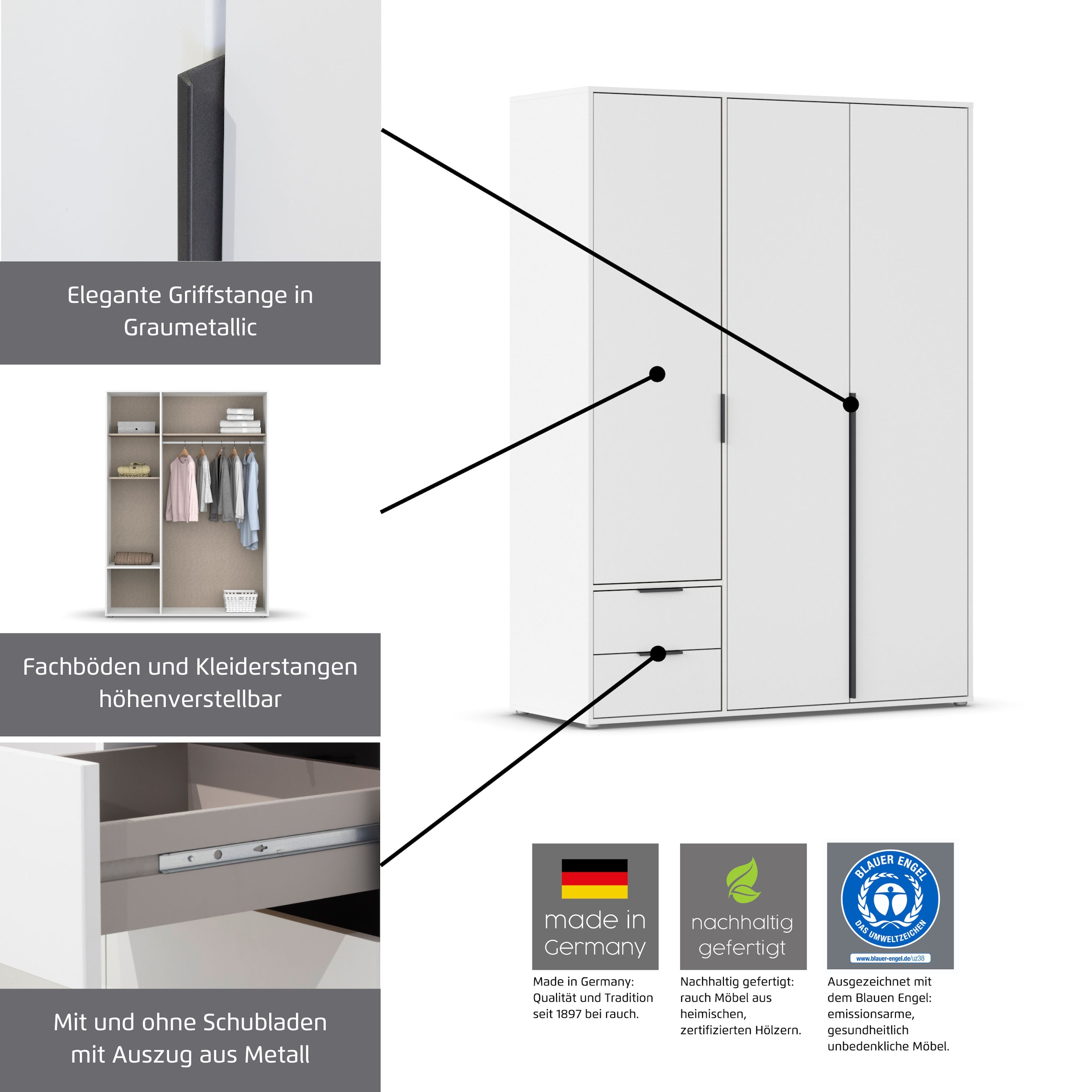 rauch Drehtürenschrank »Kleiderschrank Schrank Garderobe Wäscheschrank NAGATA viel Stauraum«, (in 3 verschiedenen Ausstattungen BASIC/CLASSIC/PREMIUM), mit modernen Stangengriffen in Graumetallic TOPSELLER MADE IN GERMANY