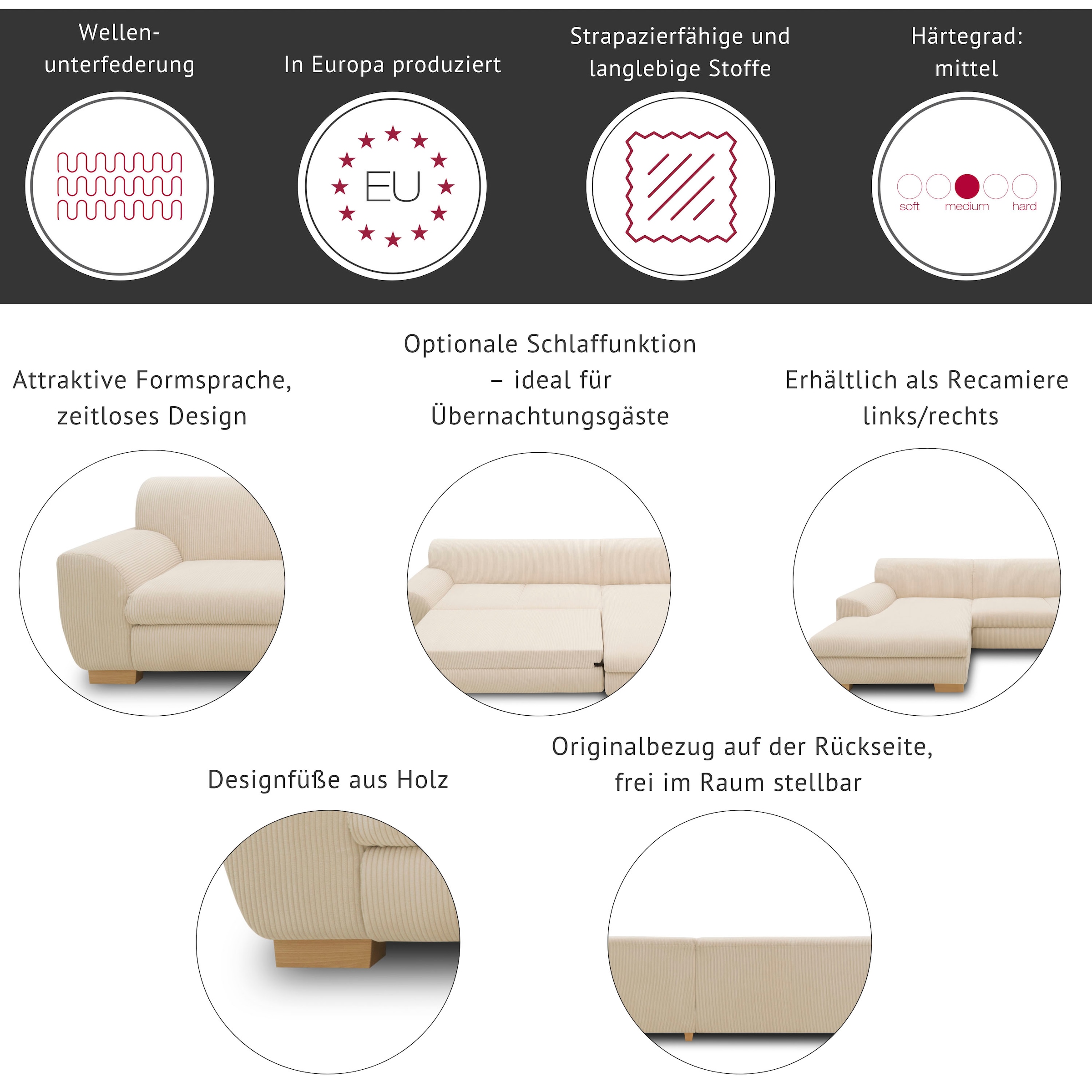 Home affaire Ecksofa »Nika zeitlos und elegant, L-Form« wahlweise mit Bettfunktion, auch in Cord