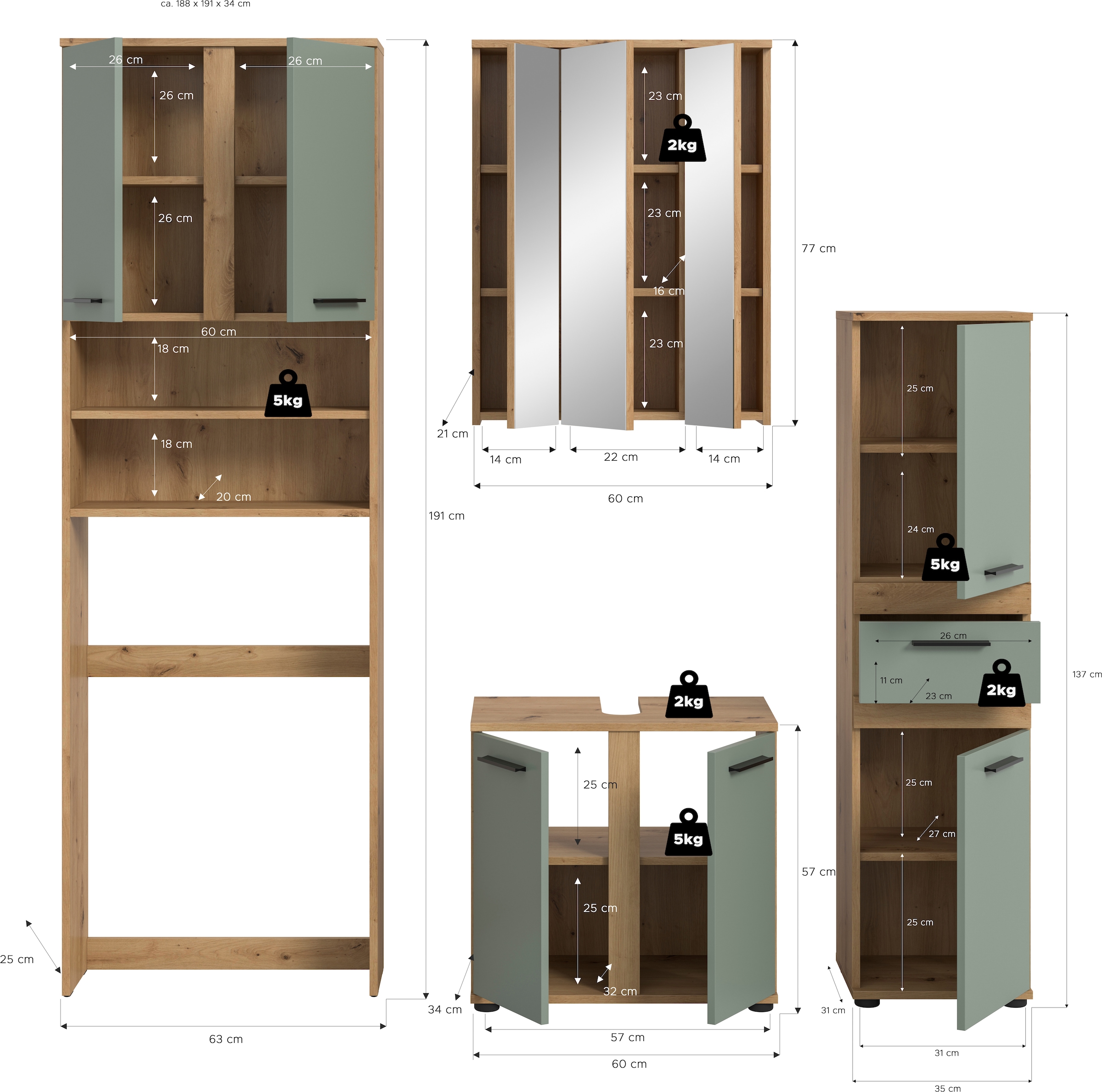 welltime Badmöbel-Set »LUCCA, 4-tlg. Badkombination, viel Stauraum, modernes Design« 4 Stk. tlg.