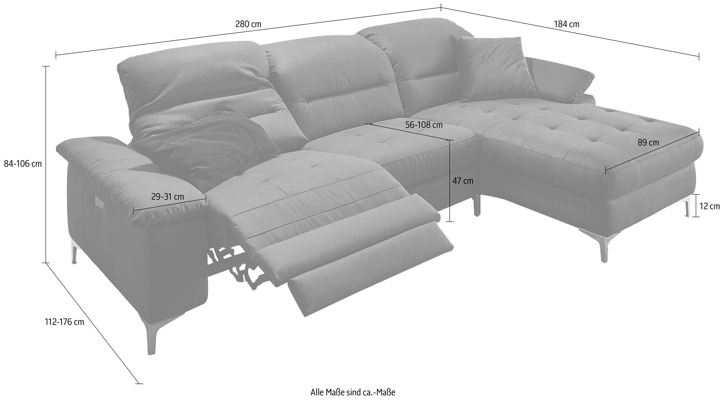 Places of Style Ecksofa »Basel L-Form«, mit vollmotorischer Relaxfunktion und motorischer Recamiere