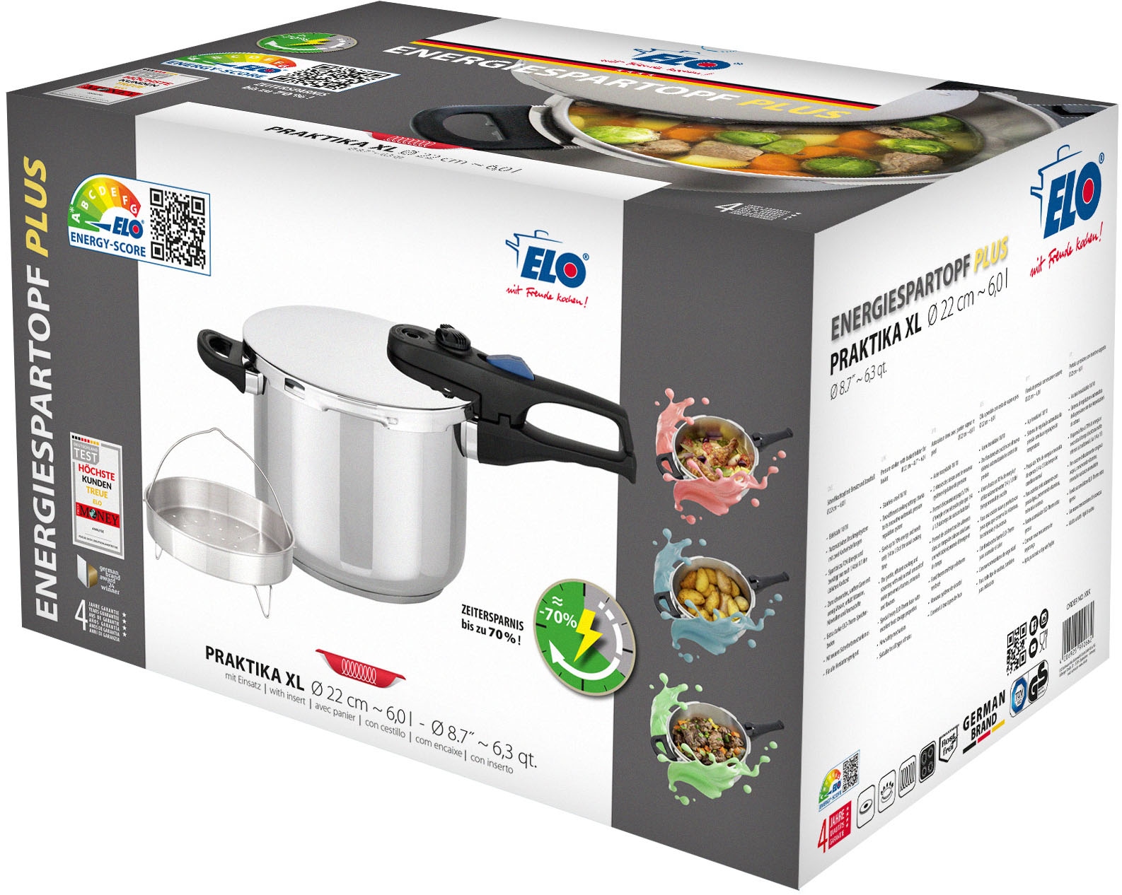 Elo Schnellkochtopf »Praktika Plus 6l mit Dünsteinsatz« Set, 3 Stk. tlg. Edelstahl 18/10 | Edelstahl 18/8