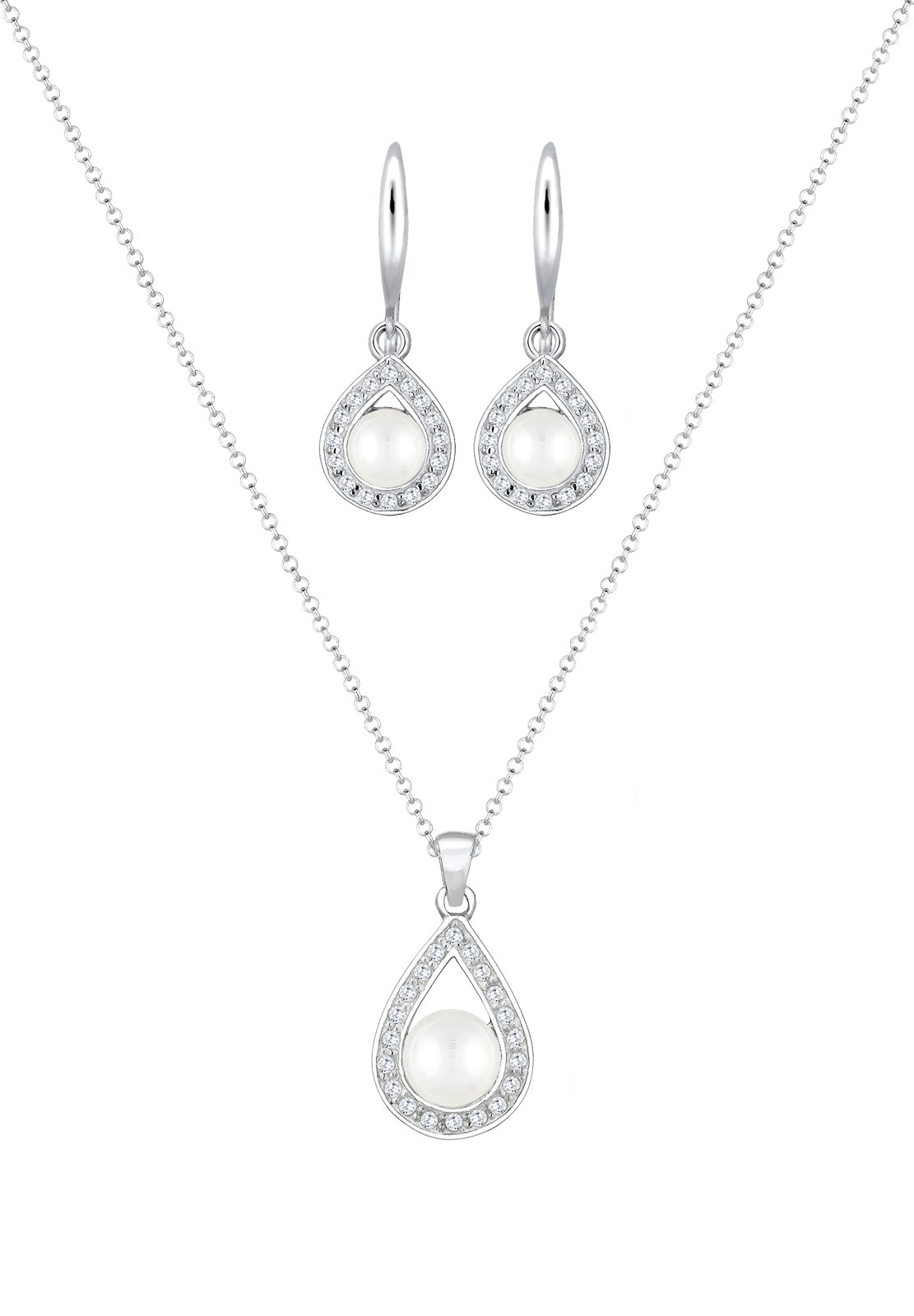 Elli Premium Ohrring und Ketten Set »Schmuckset Set Süßwasserzuchtperle Tropfen Zirkonia Weiß 925 Sterling Silber« ()
