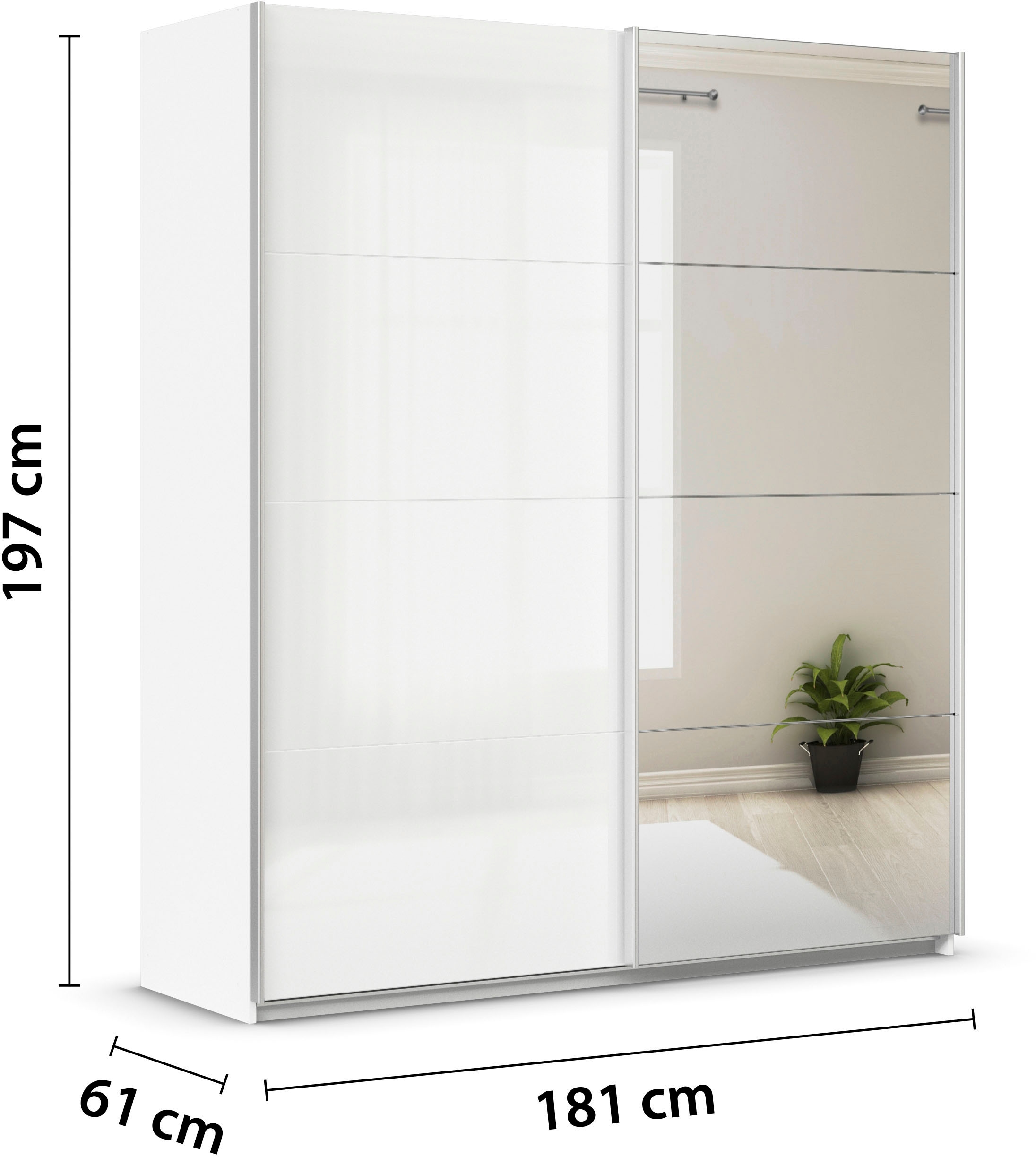 INOSIGN BY RAUCH Schwebetürenschrank »Kleiderschrank Schrank Garderobe Schlafzimmerschrank THANOS«, (in 3 verschiedenen Ausstattungen BASIC/CLASSIC/PREMIUM), Optional mit Spiegel, Metall-Griffleisten alufarben MADE IN GERMANY
