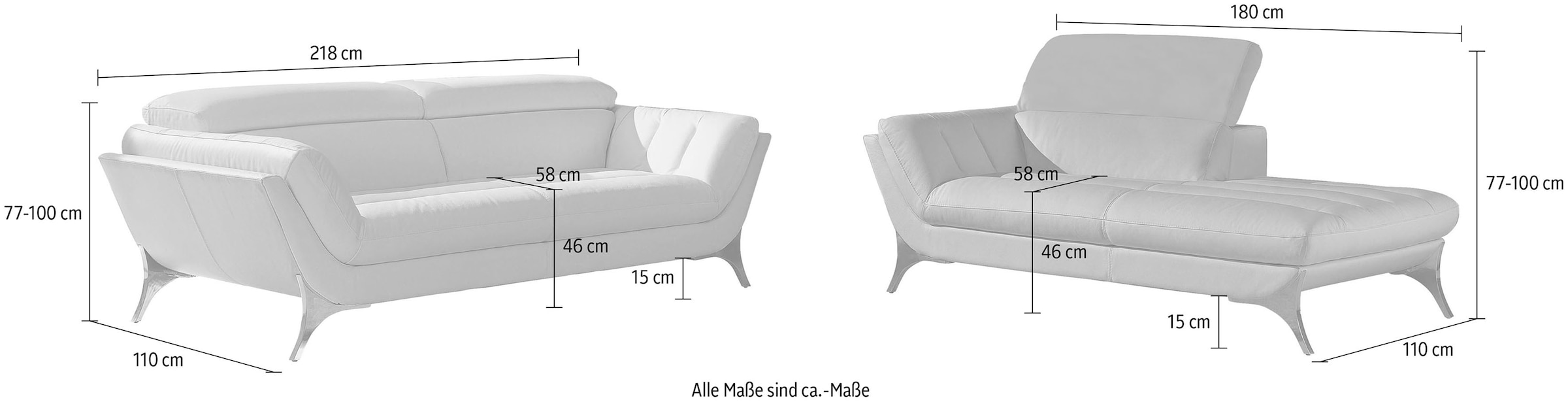 Egoitaliano Polstergarnitur »Sueli«, (Set), bestehend aus Sofa und Recamiere, Kopfteilverstellung, Bezug Leder